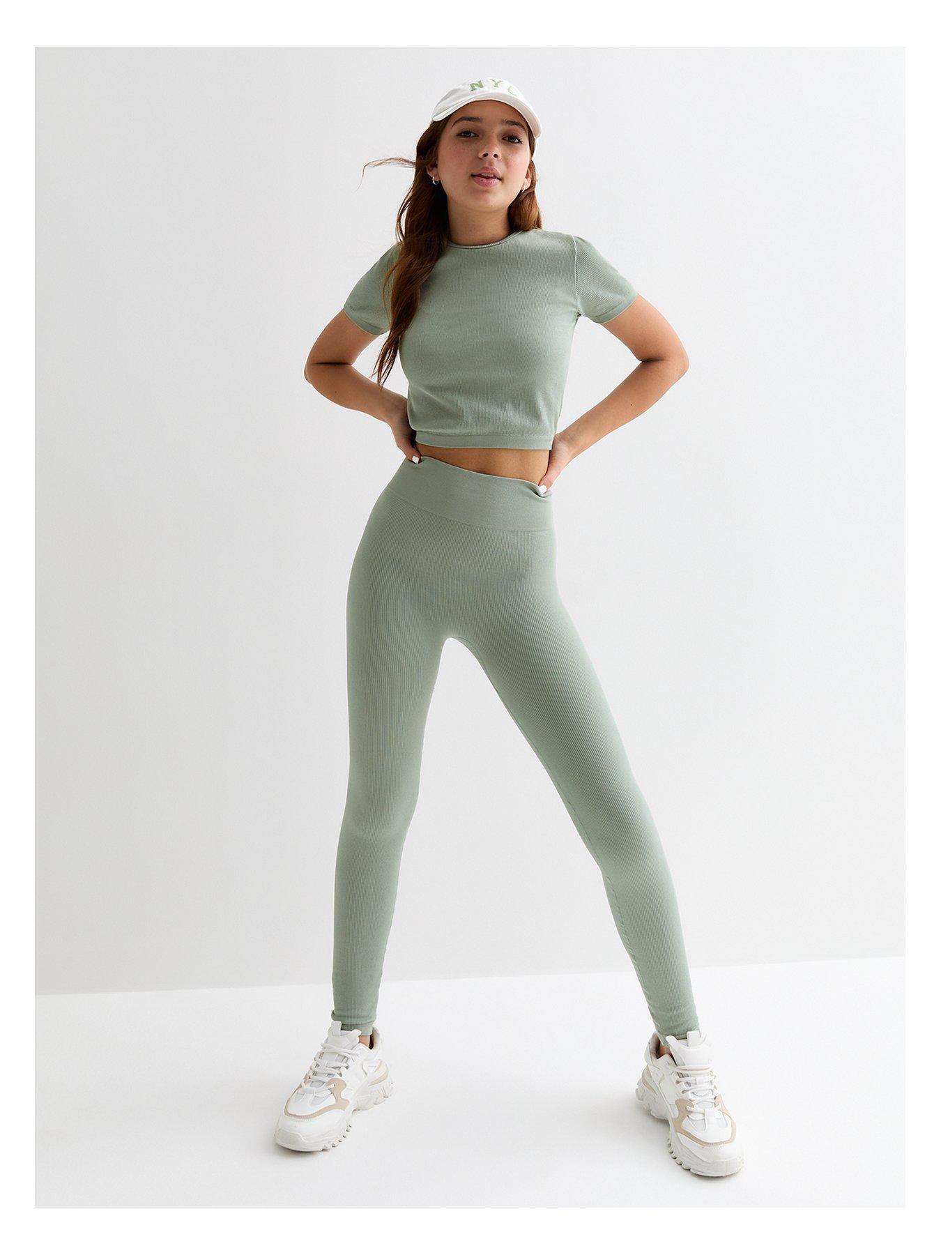 Girls Light Green Ribbed High Waist Sports Leggings