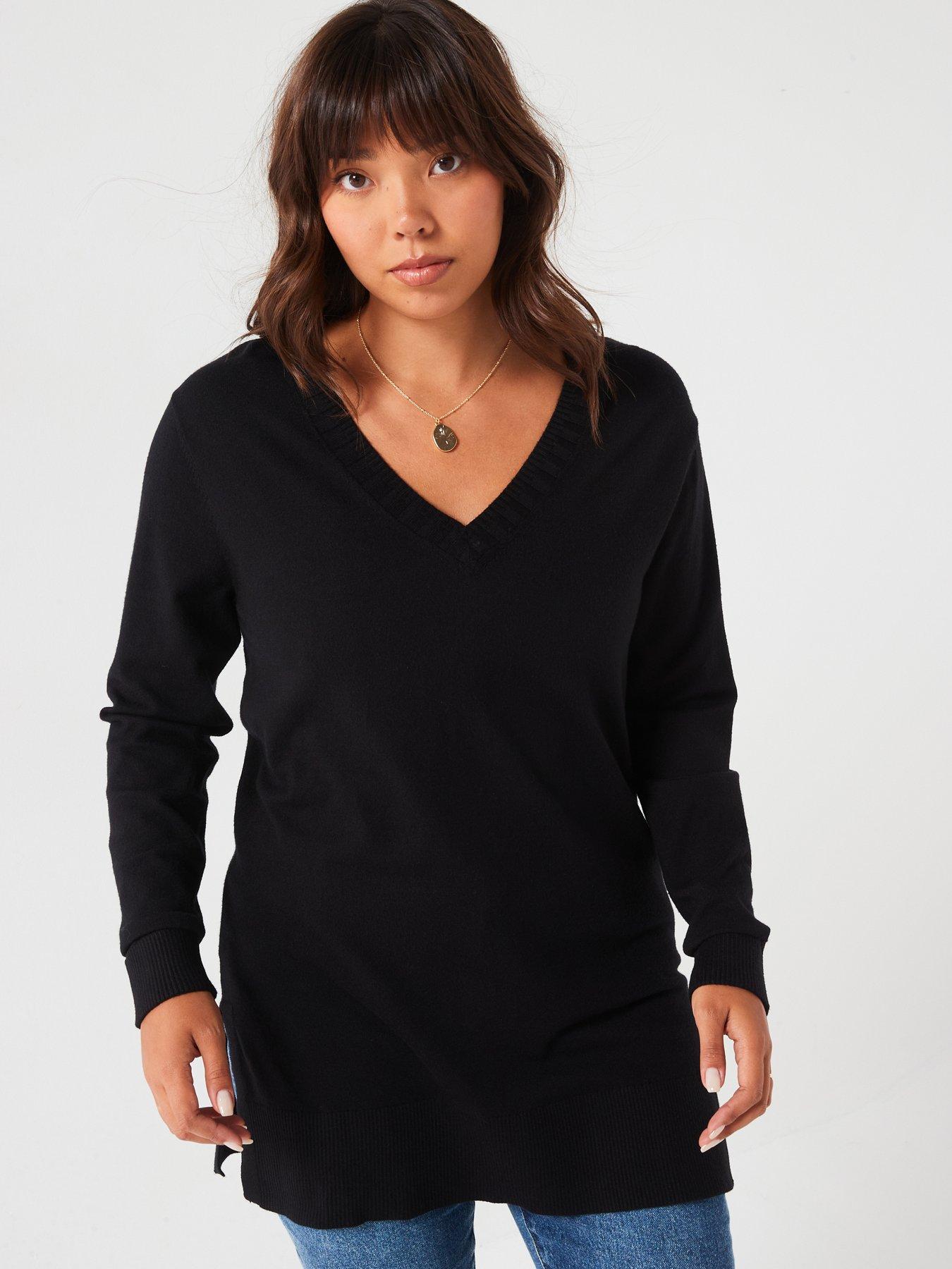 V by Very Curve V Neck Split Hem Longline Jumper Black Very