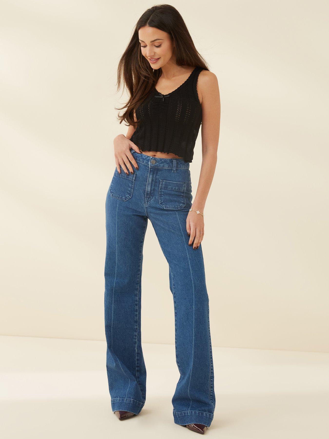 Michelle Keegan Pocket Detail Wide Leg Jeans - Dark Blue | Very