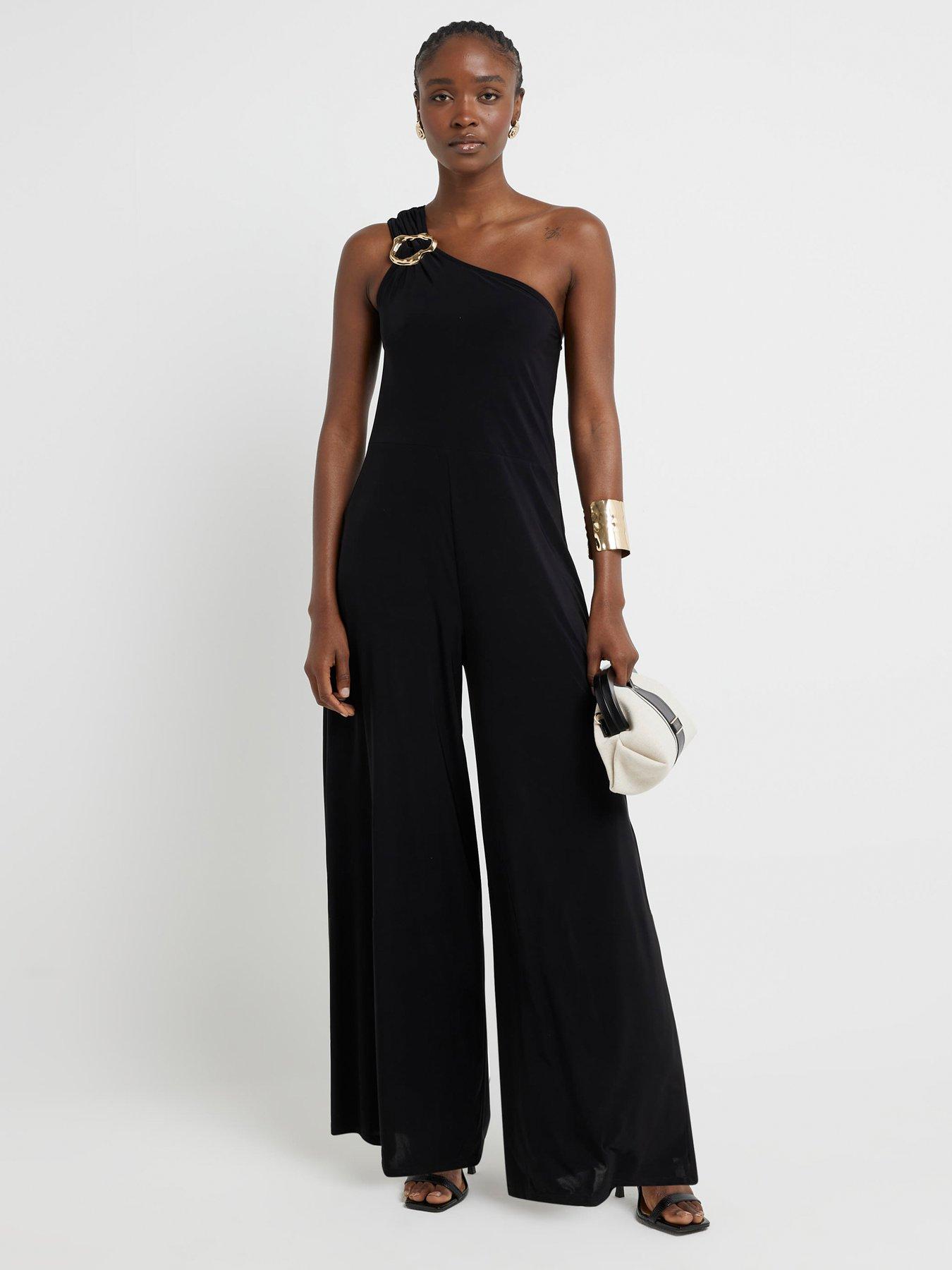 River Island Asymmetric Slinky Jumpsuit - Black | Very.co.uk