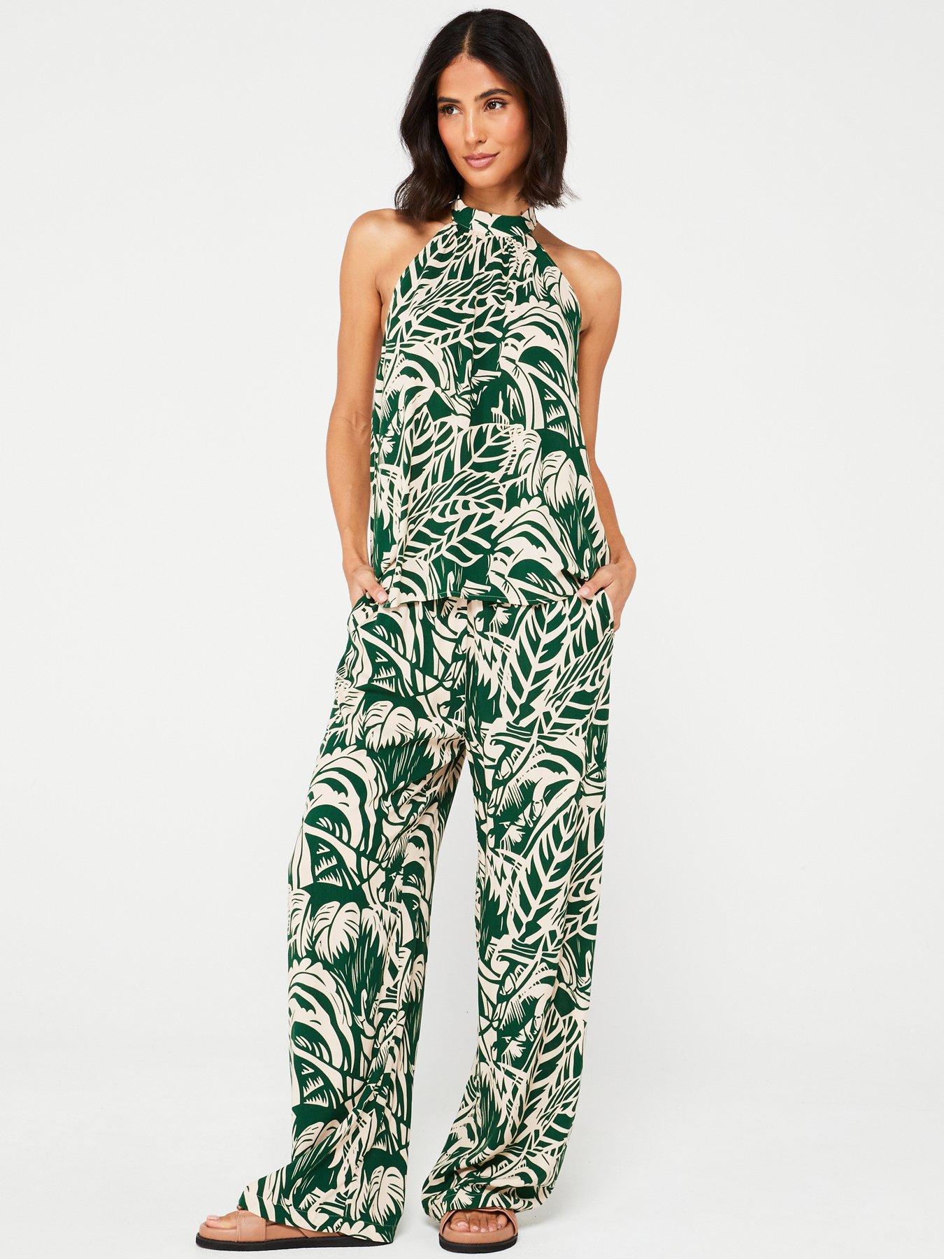 JDY High Waisted Wide Leg Trousers - Green | Very.co.uk