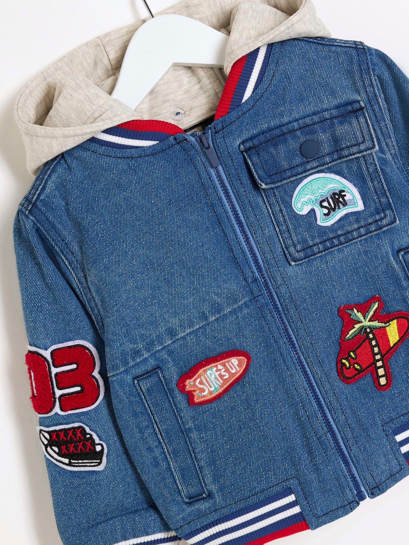 River Island Mini Mini Boys Patches Denim Bomber Jacket - Blue | Very.co.uk