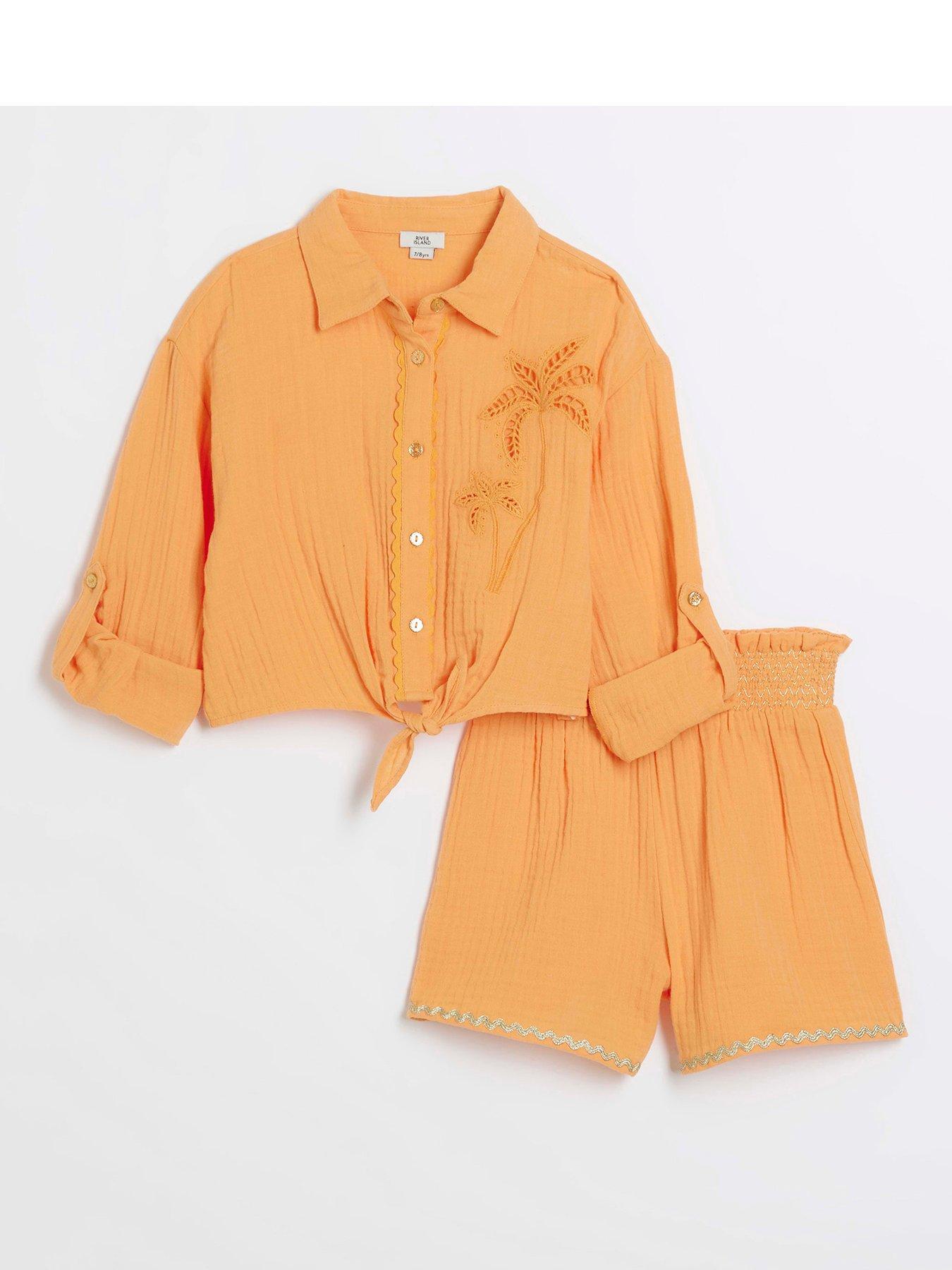 Girls Palm Tree Shirt And Shorts Set Orange
