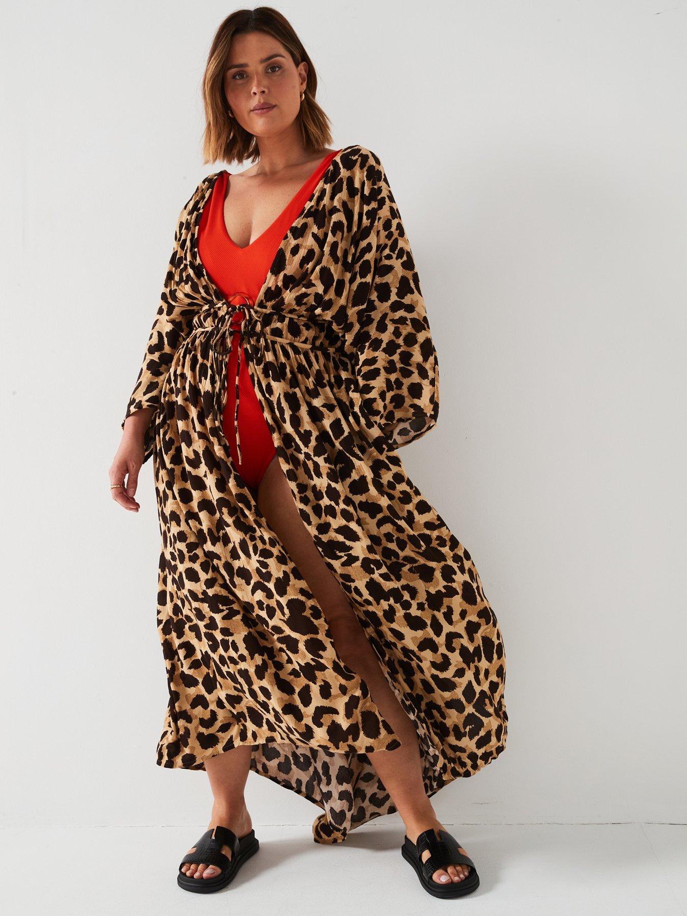 Only Curve Leopard Print Beach Kimono - Beige