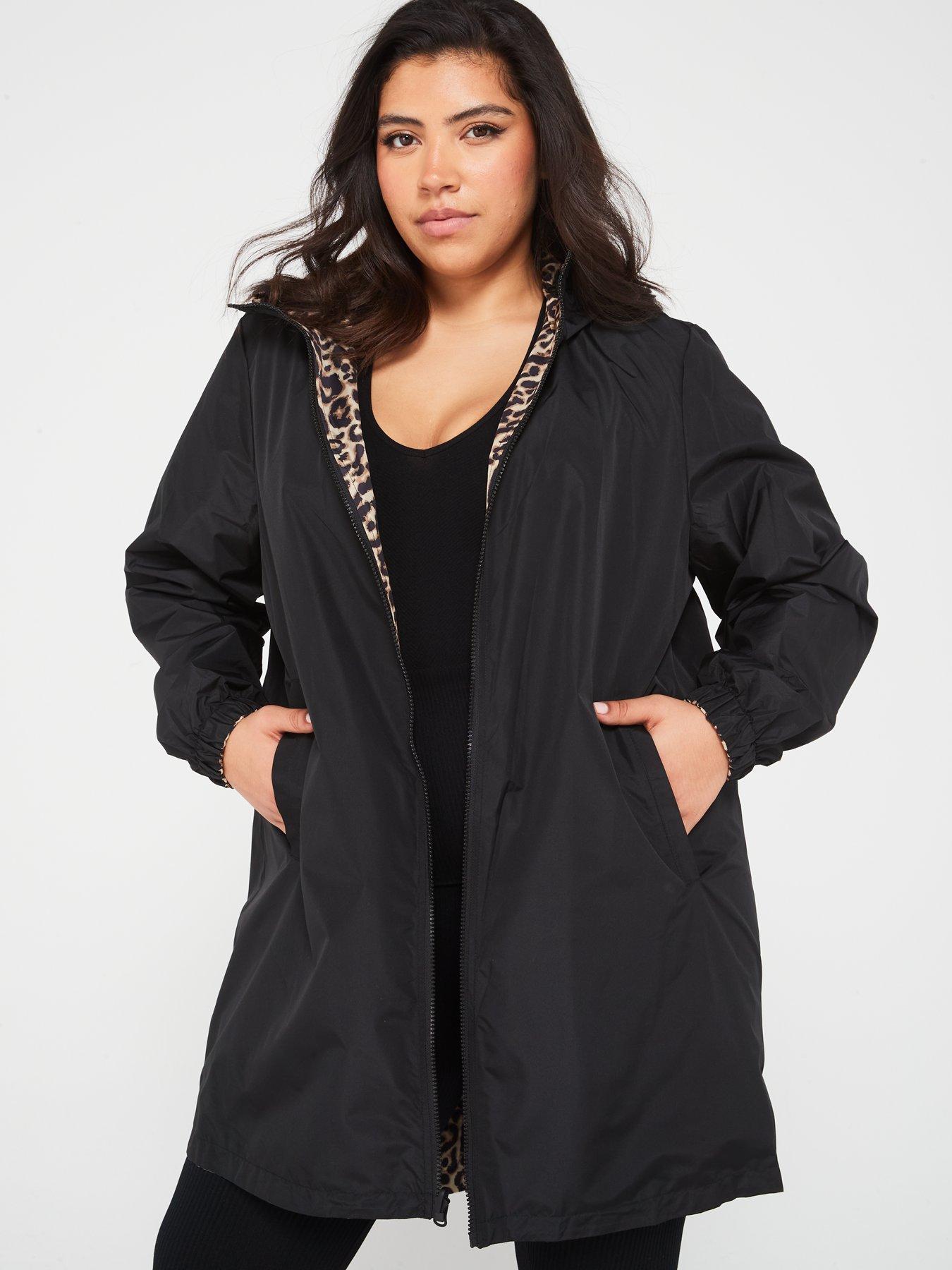 Only Curve Reversible Leopard Print Longline Rain Jacket Black Very
