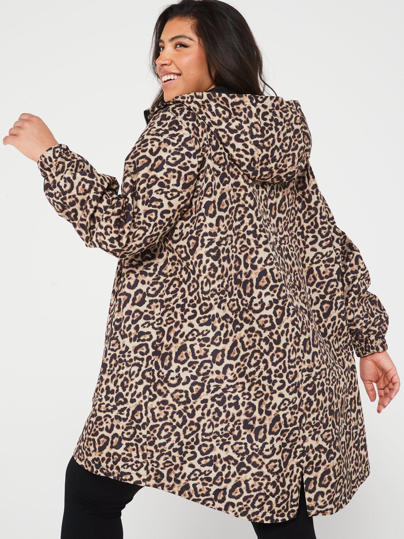 Only Curve Reversible Leopard Print Longline Rain Jacket Black