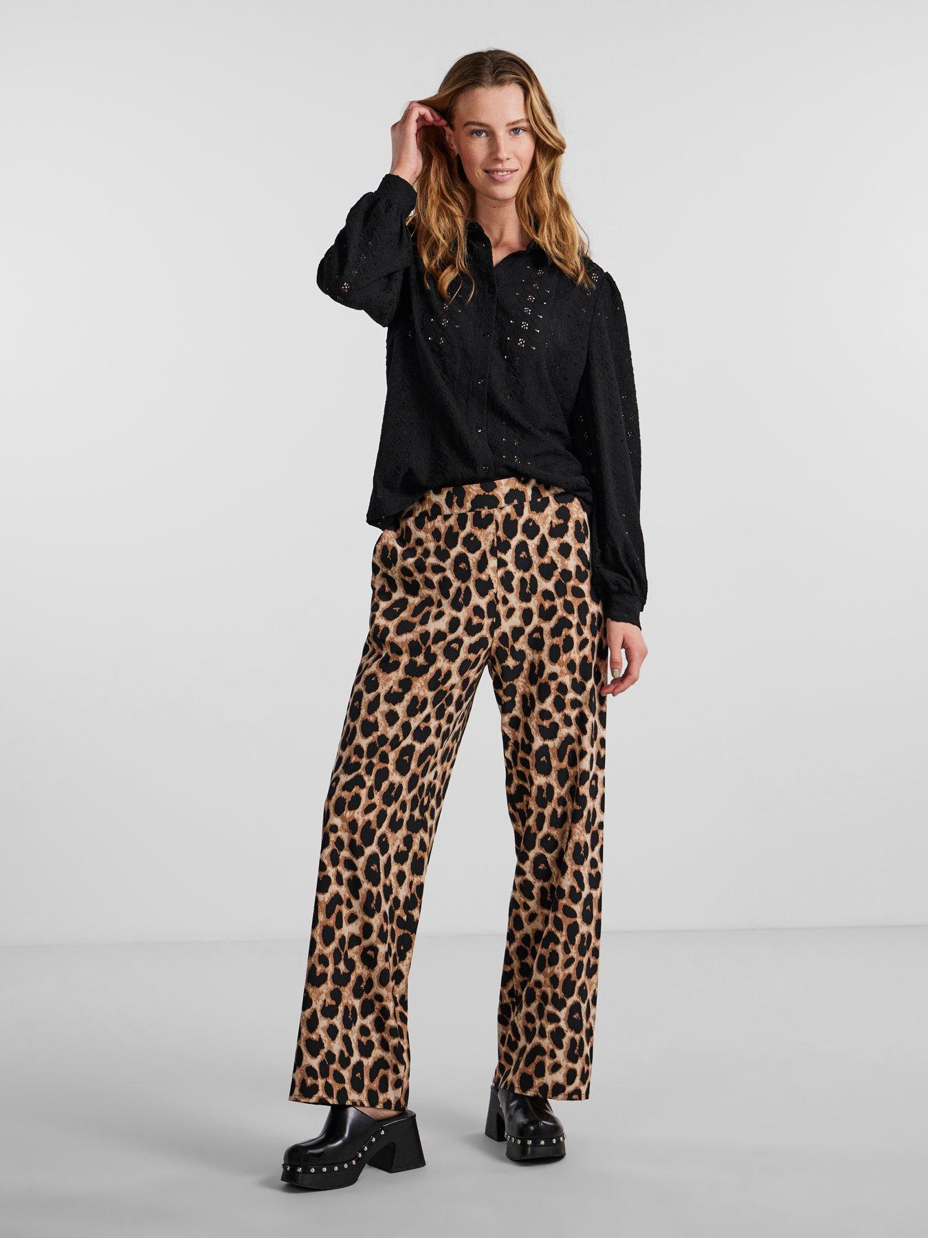 Pieces Leopard Print High Waist Trousers - Black