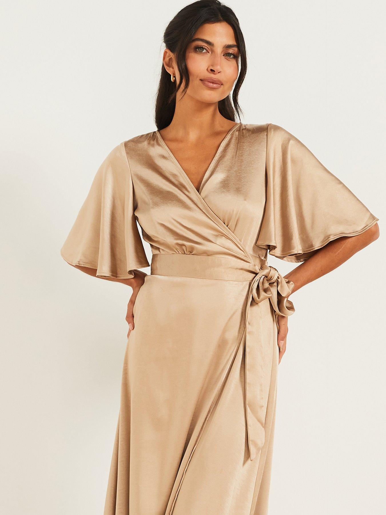 Six Stories Angel Sleeve Wrap Satin Bridesmaid Dress - Champagne | Very ...