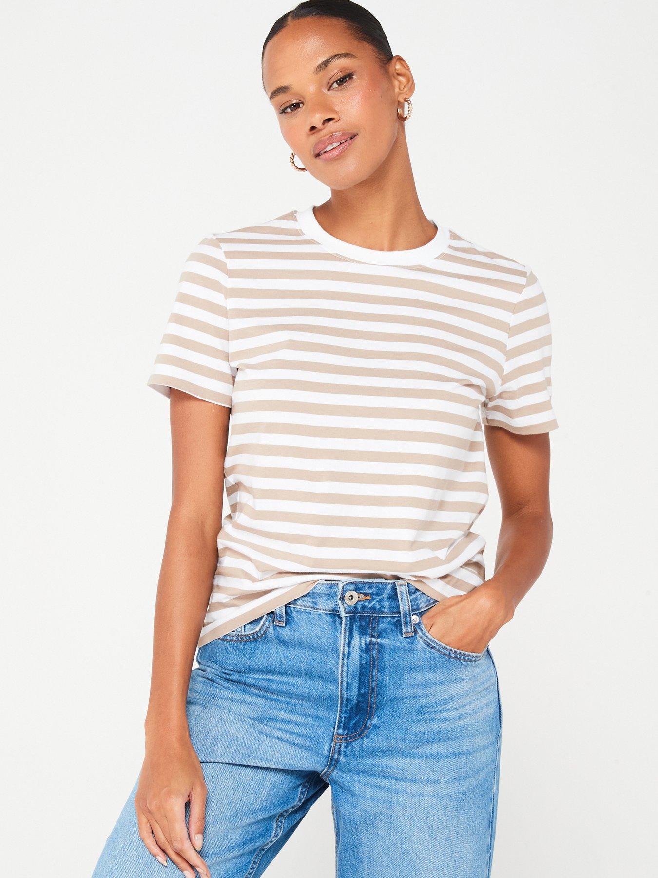 PIECES Stripe T-Shirt - White/Brown