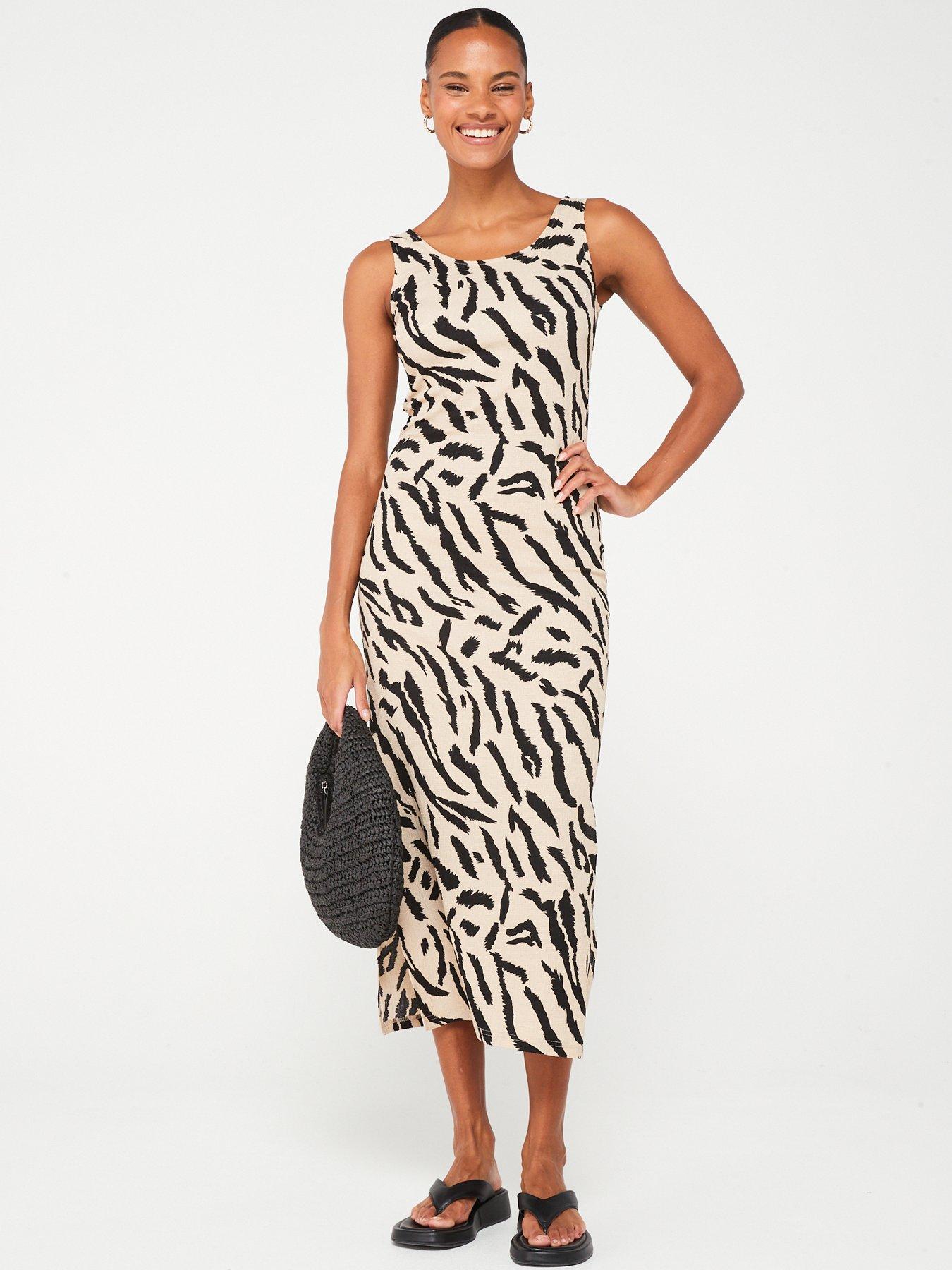 PIECES Sleeveless Animal Print Woven Maxi Dress - Beige | Very.co.uk