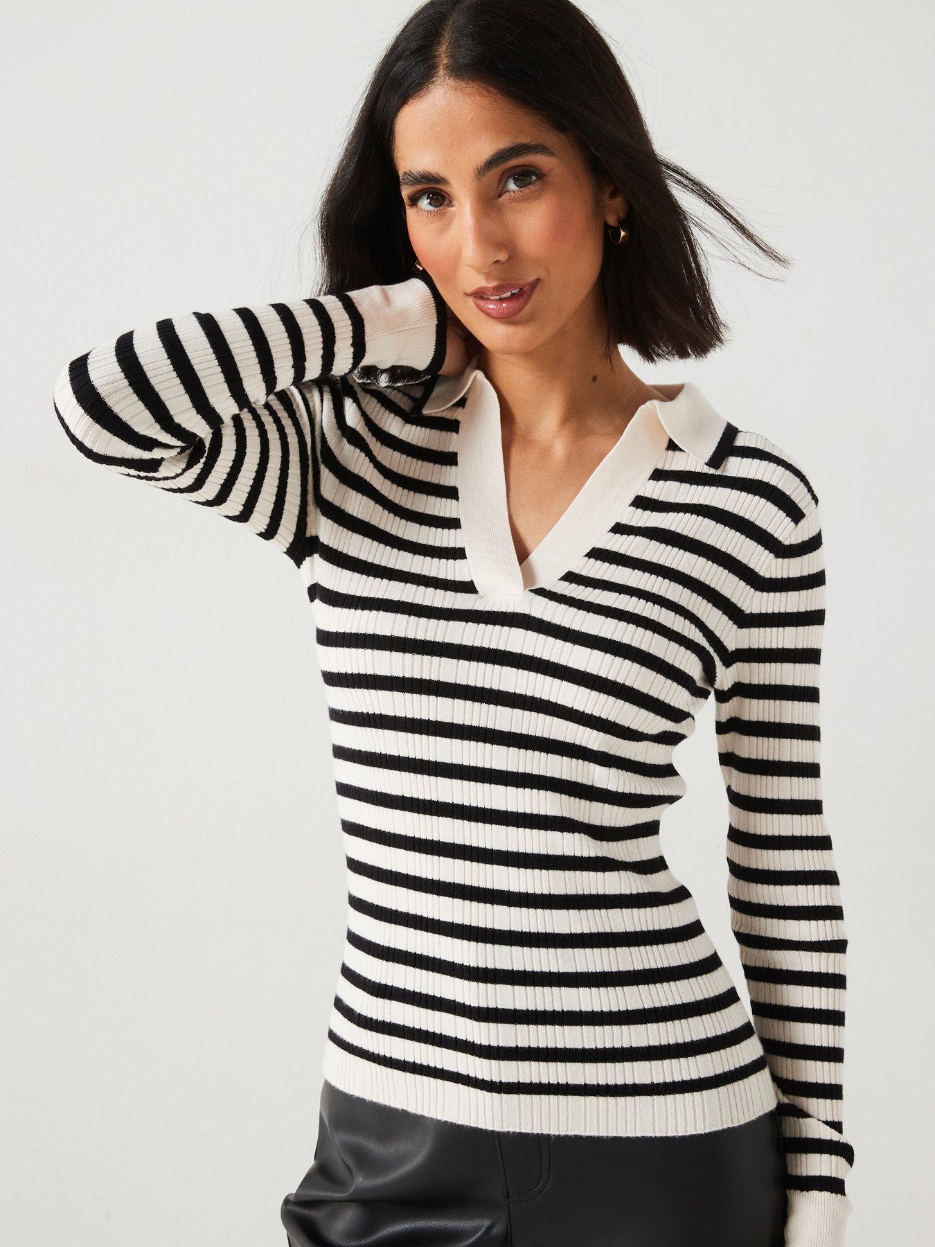 Everyday Fitted Ribbed Collared Jumper Stripe Black/White Very