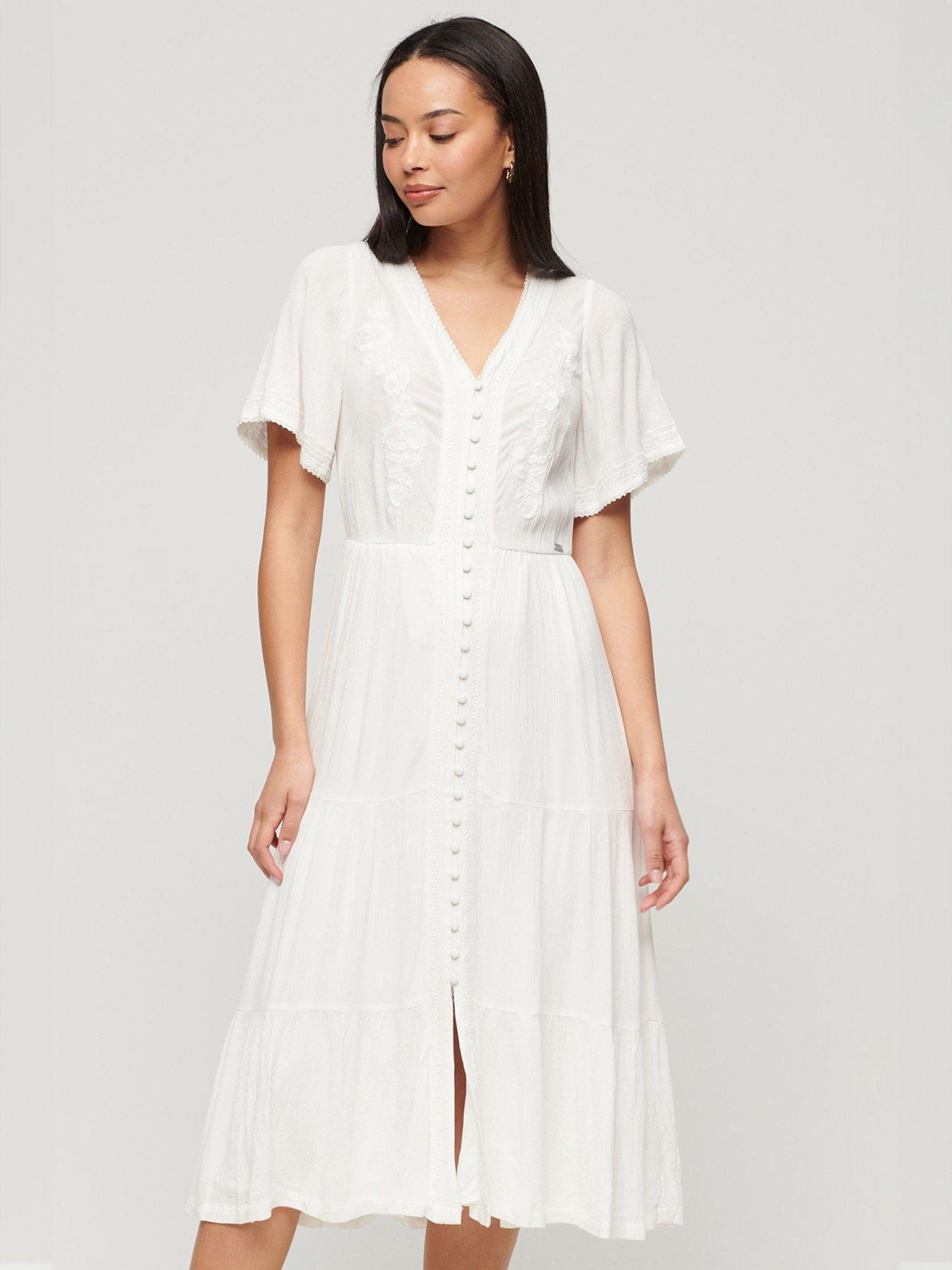 undefined Embroidered Tiered Midi Dress - White