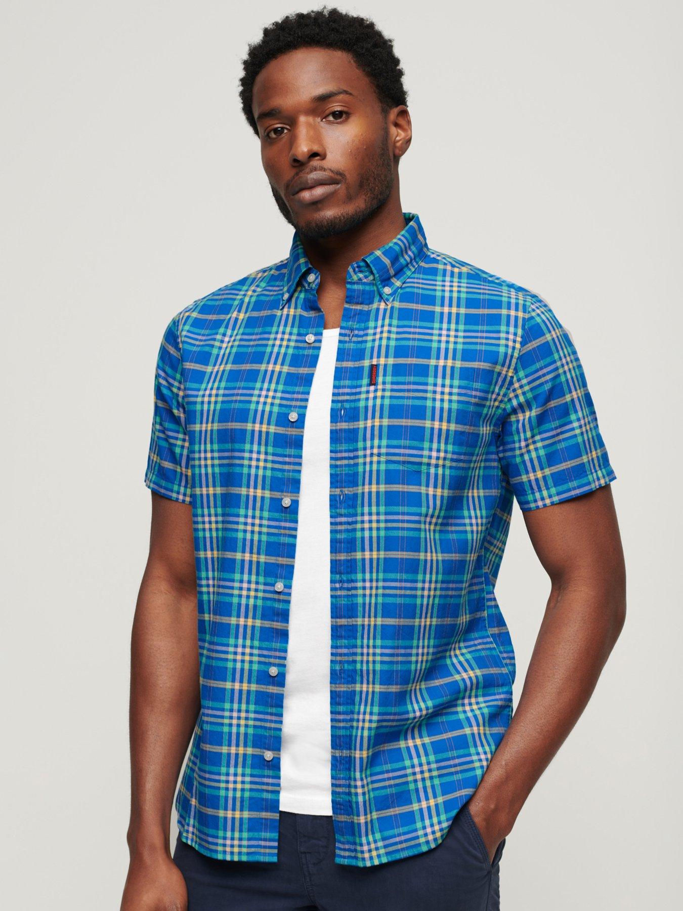 superdry lightweight short sleeve check shirt - blue