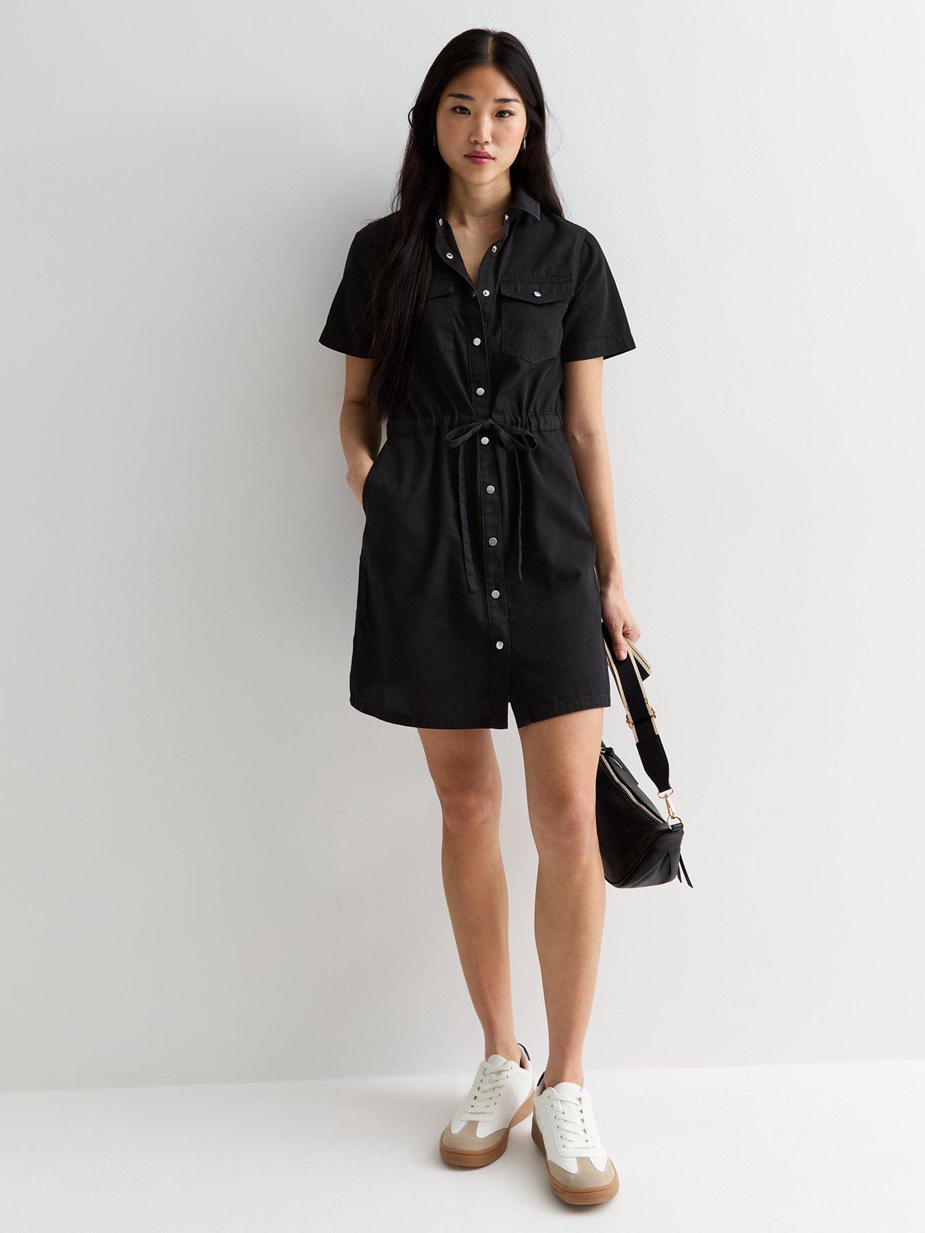 Black Lightweight Denim Drawstring Short Sleeve Mini Shirt Dress