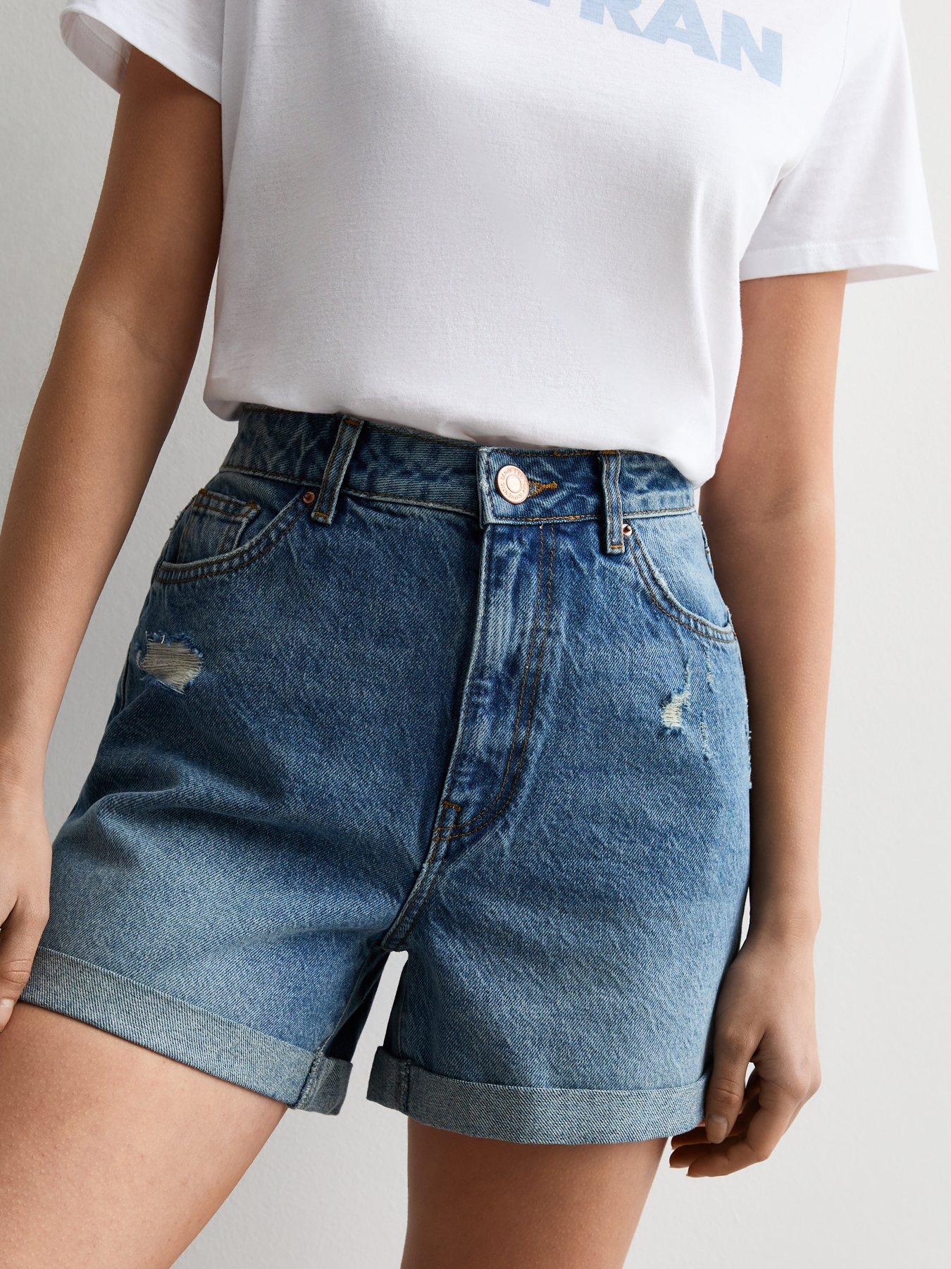 Blue Distressed Denim Boyfriend Shorts