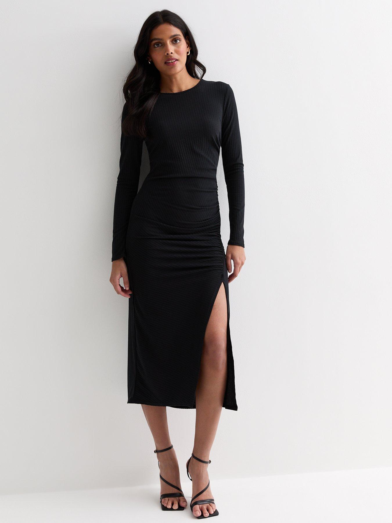 Petite Black Ribbed Ruched Racer Dress