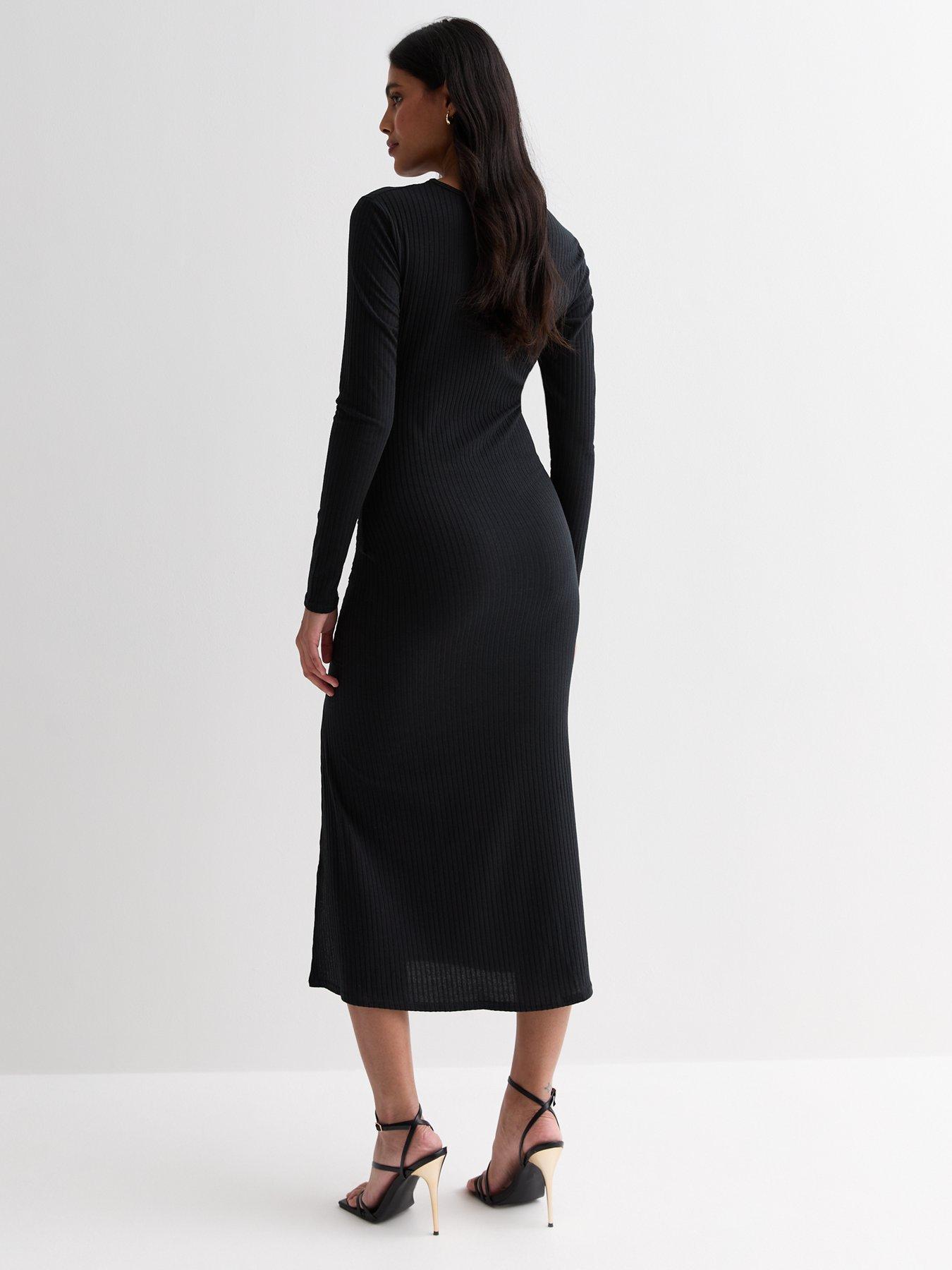 New Look Black Ribbed Ruched Side Split Midi Dress | Very.co.uk