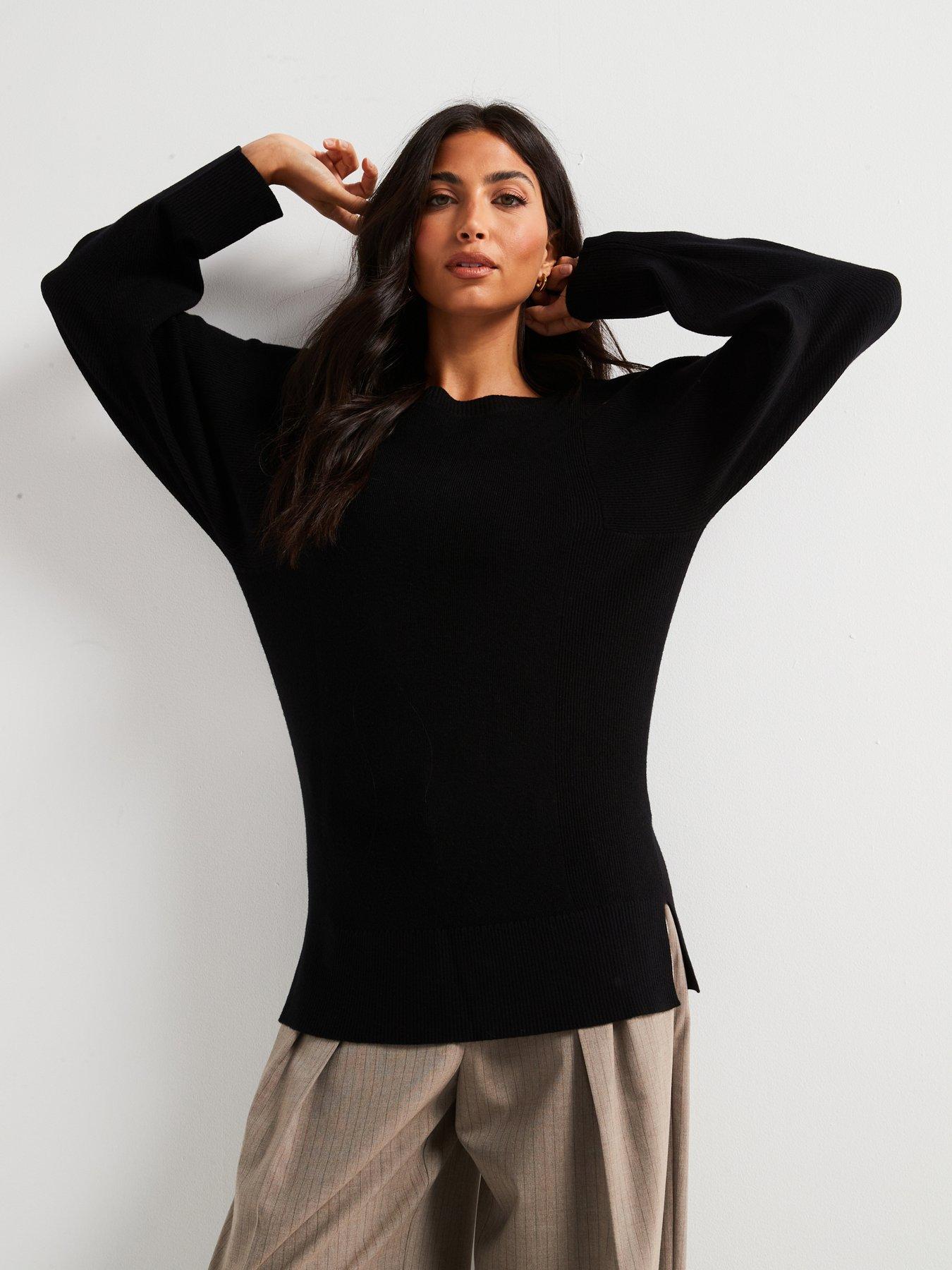 Slash Neck Wide Sleeve Longline Jumper Black