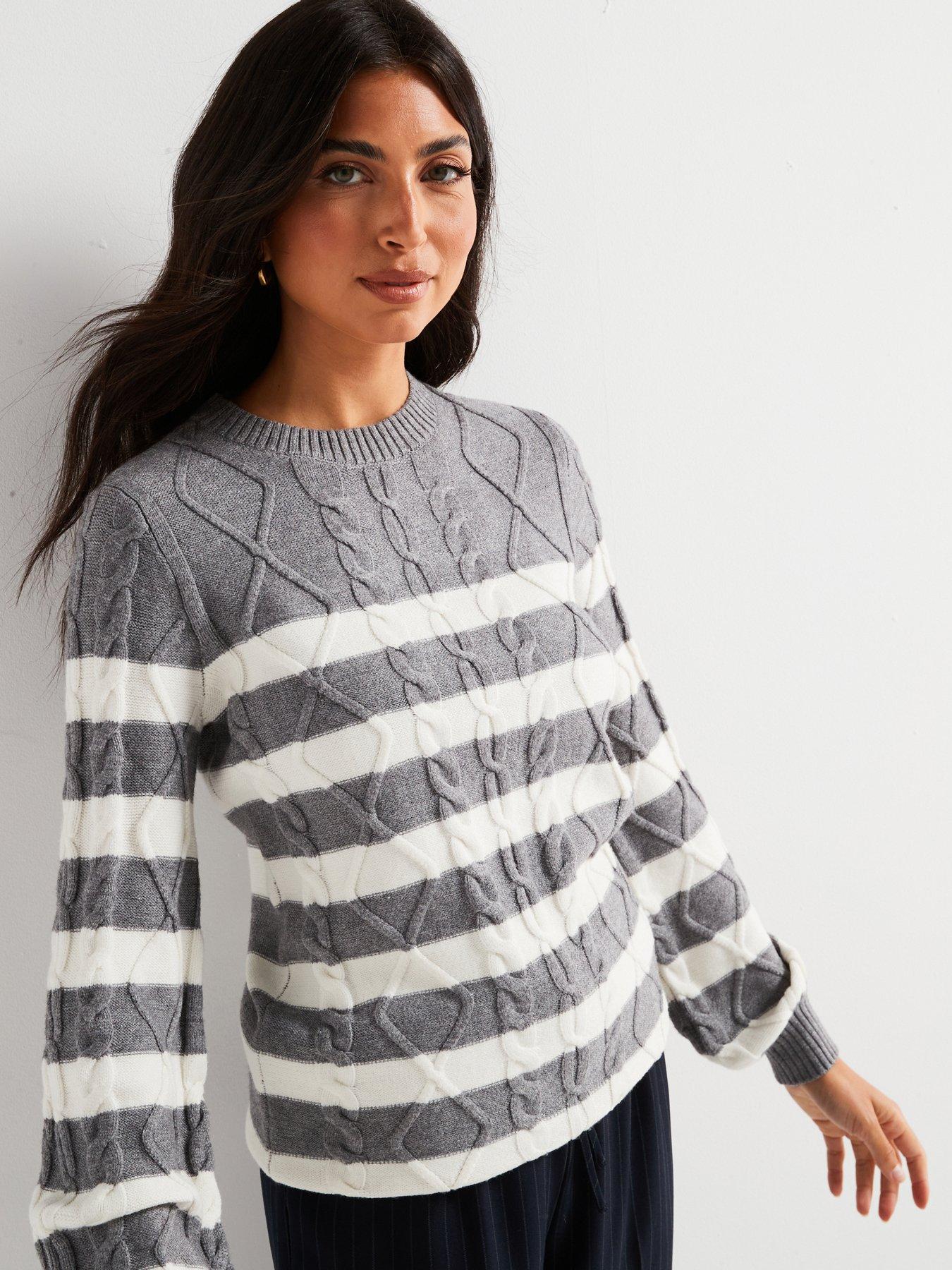 Everyday Crew Neck Longline Cable Knit Stripe Jumper Grey