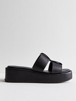 new look black grid strap flatform wedge sandals