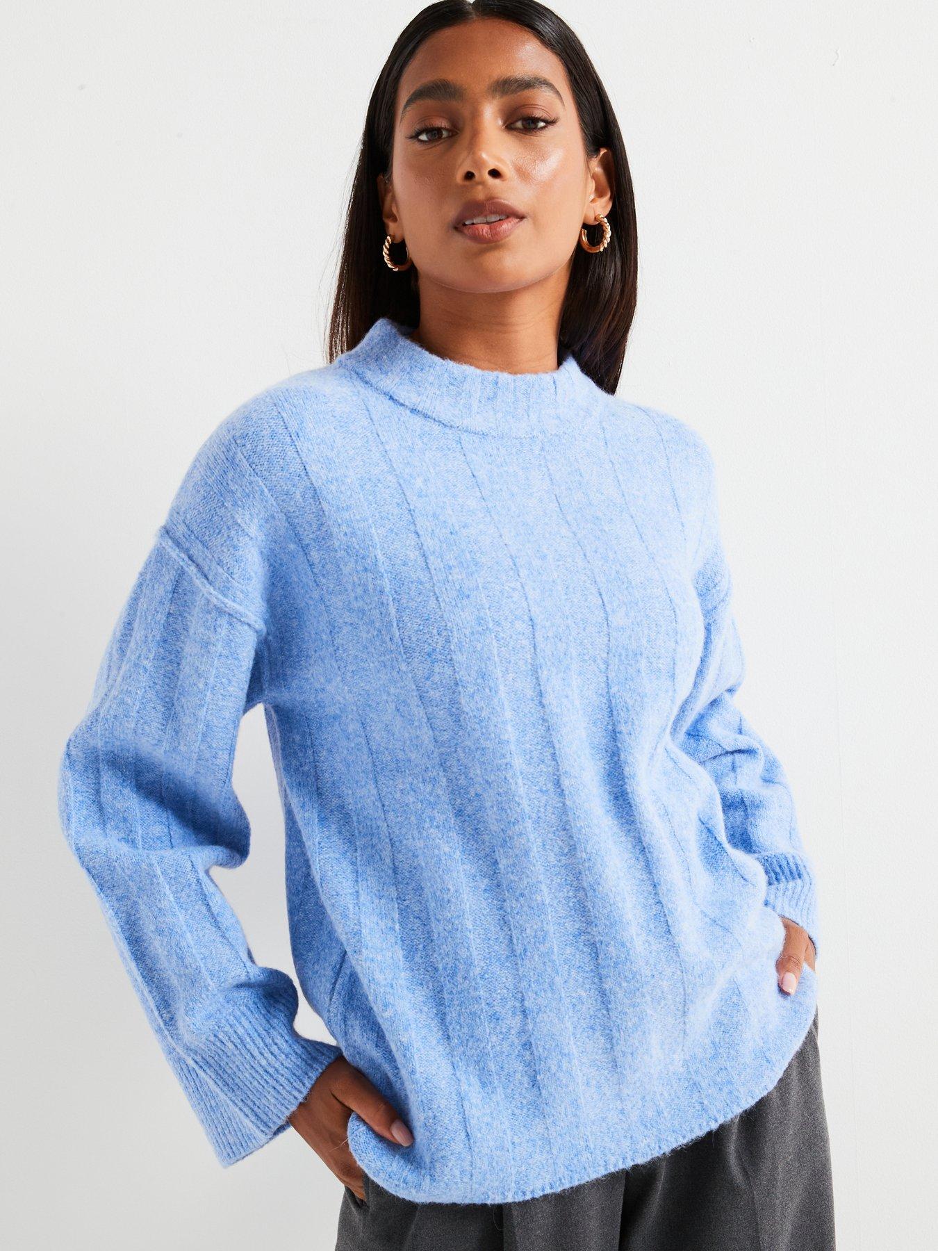 undefined Crew Neck Ribbed Oversized Jumper - Blue