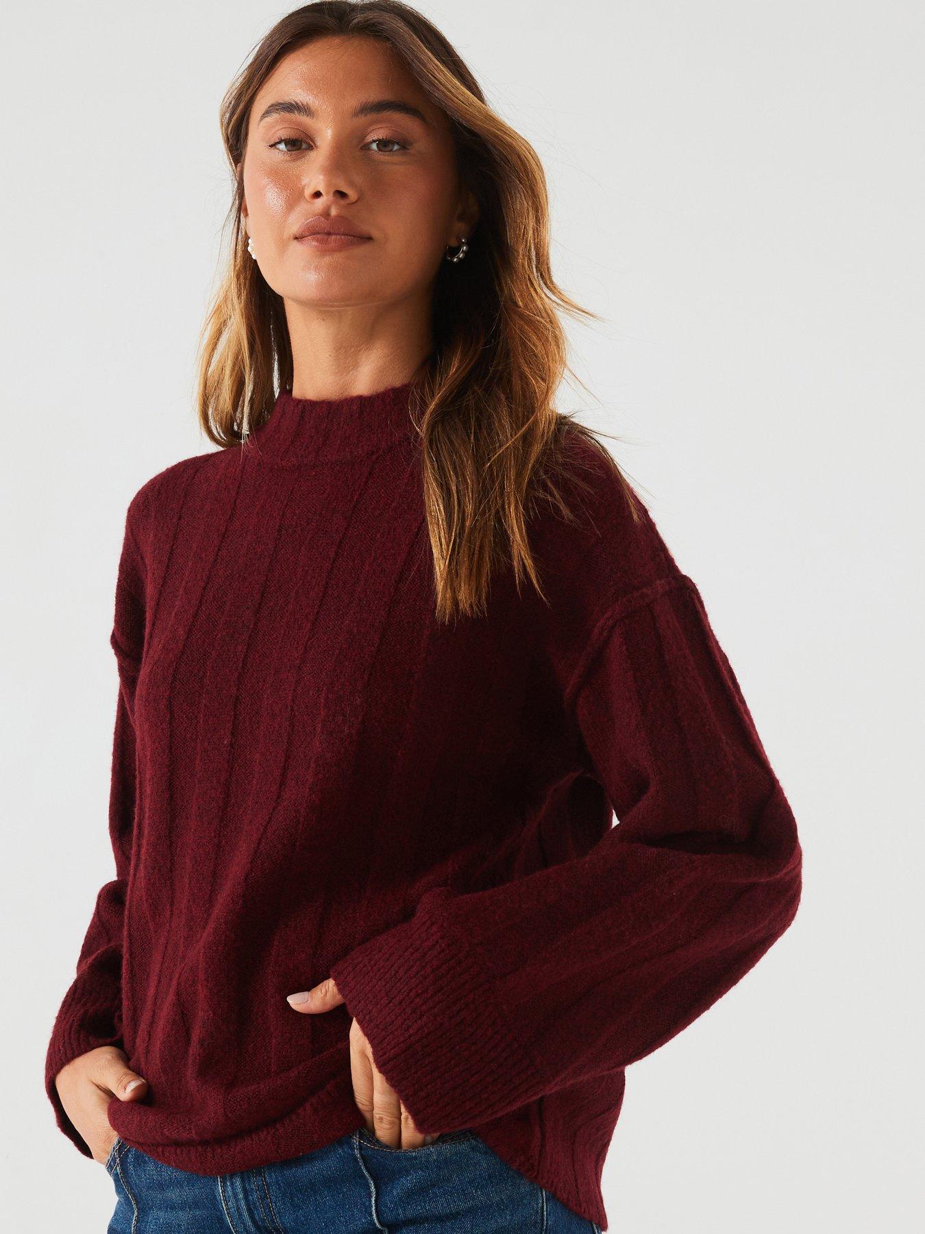 undefined Crew Neck Ribbed Oversized Jumper - Burgundy