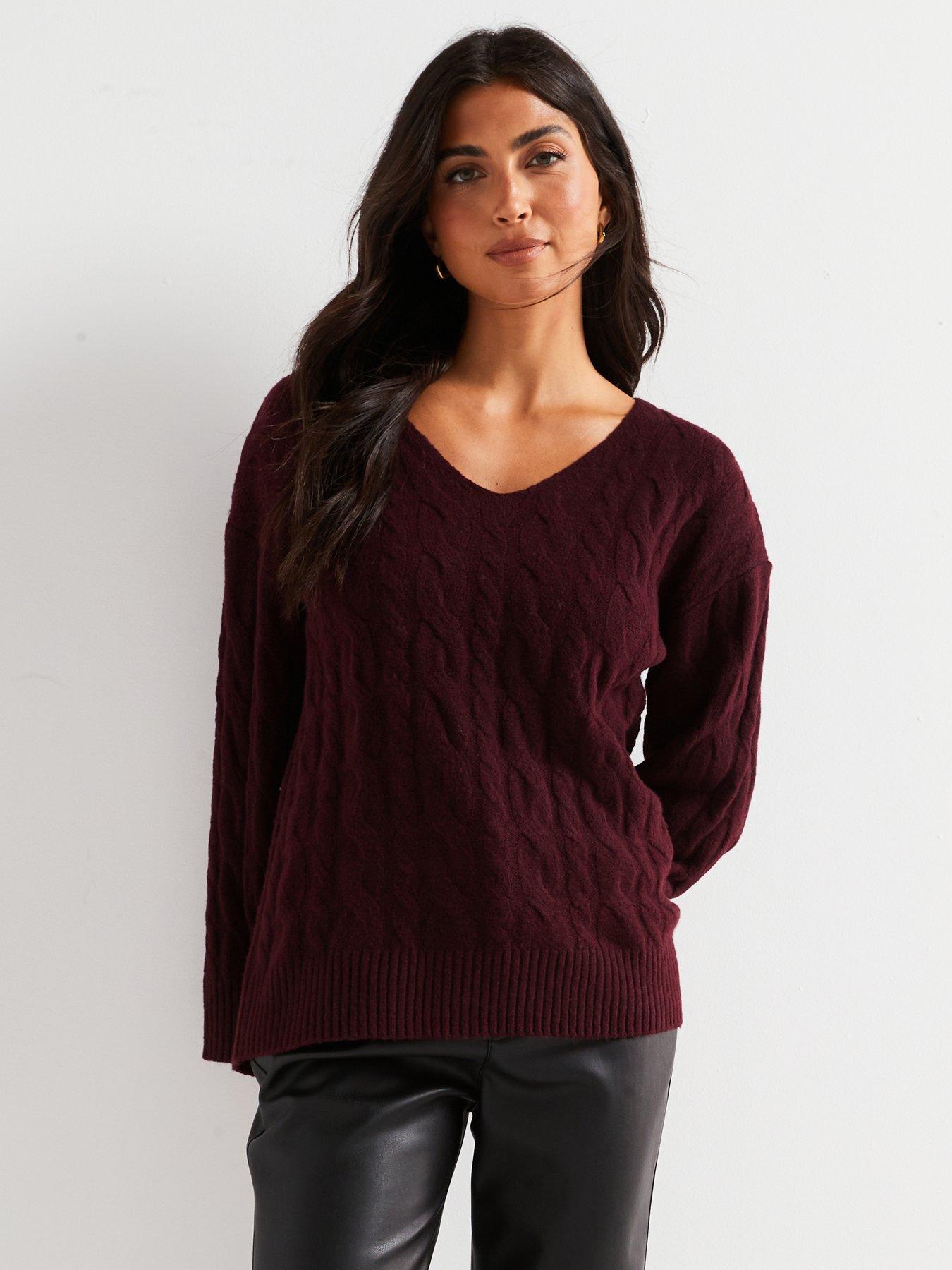 undefined V Neck Cable Jumper - Burgundy