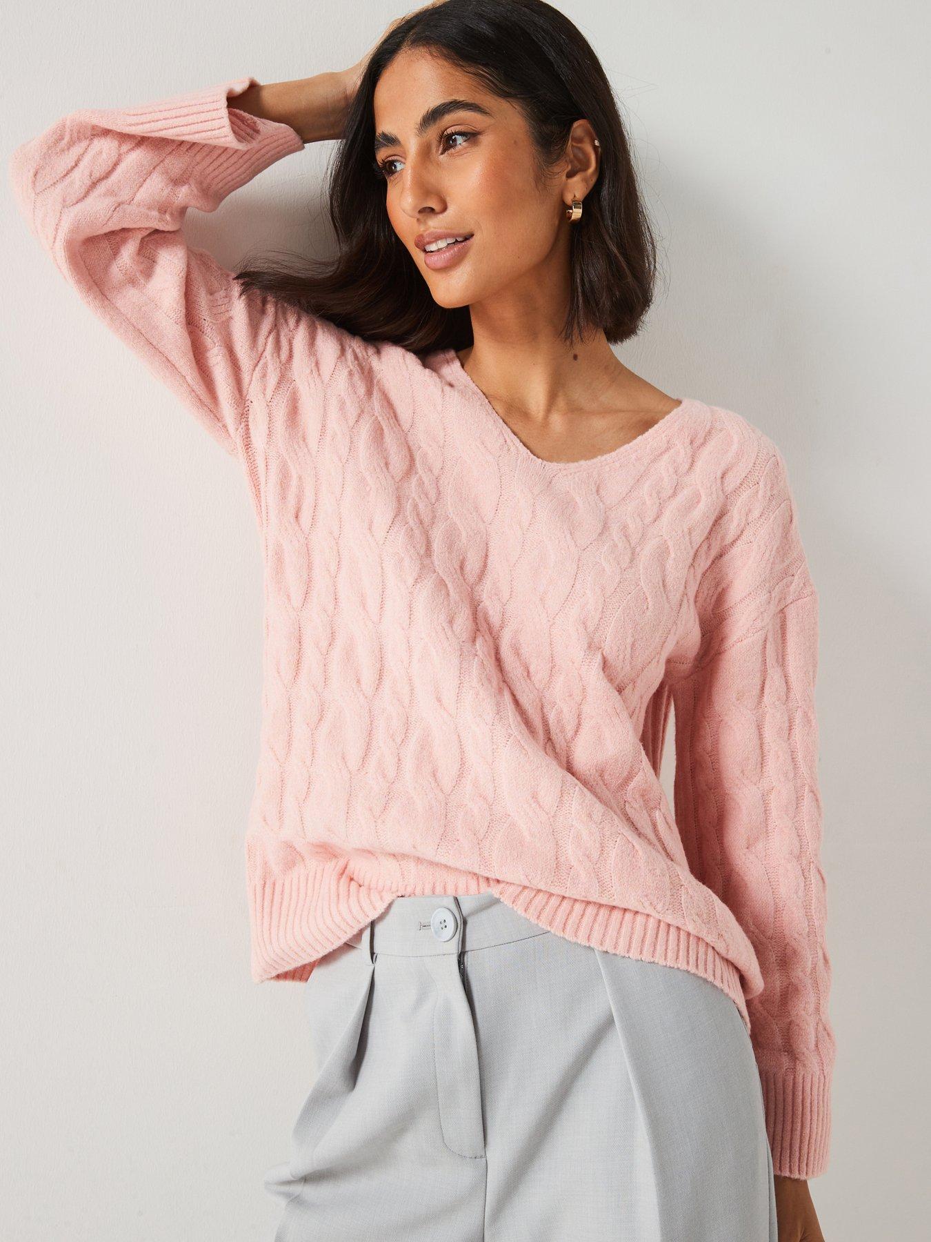 undefined V Neck Cable Jumper - Pink