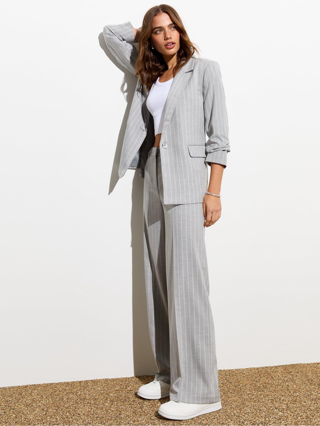 New look slim fit cropped trousers in grey pinstripe deals