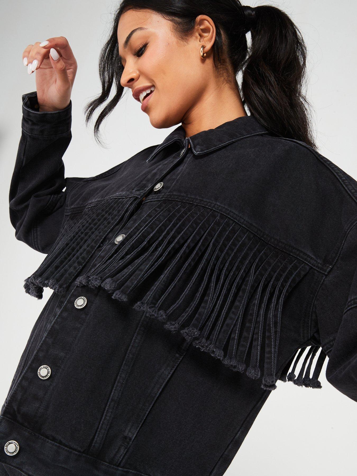 Black tassel denim jacket clearance