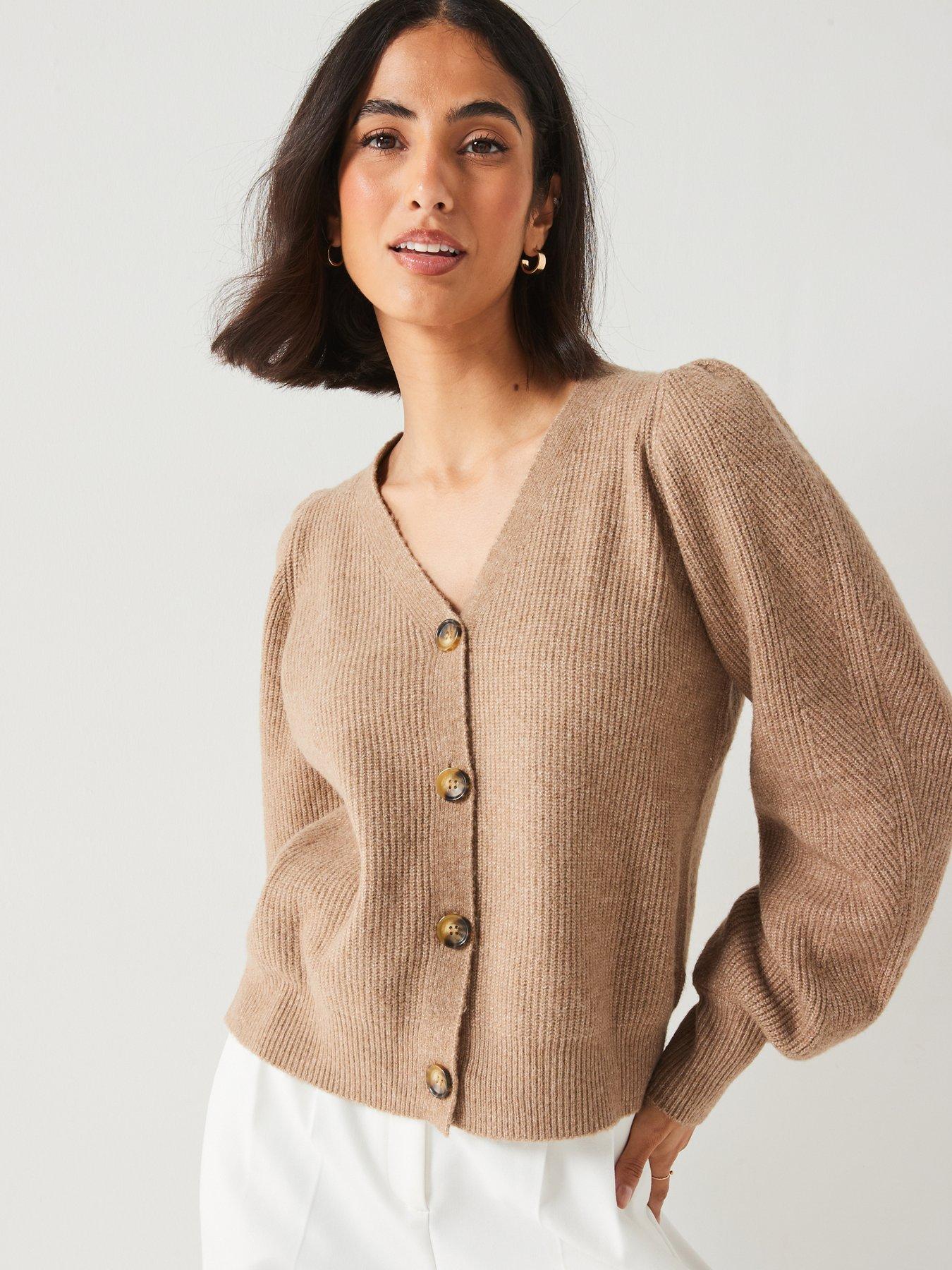 V by Very Rib V Neck Cardigan with Wool Neutral