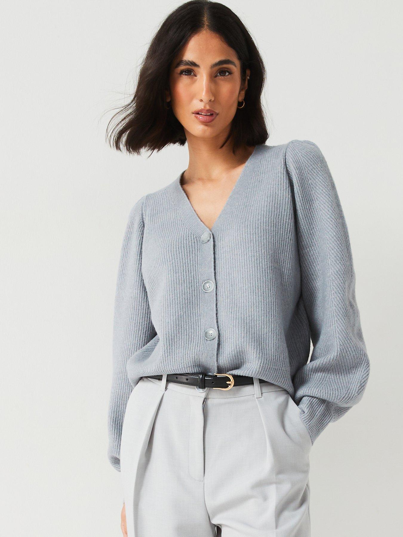 undefined Rib V Neck Cardigan with Wool - Grey