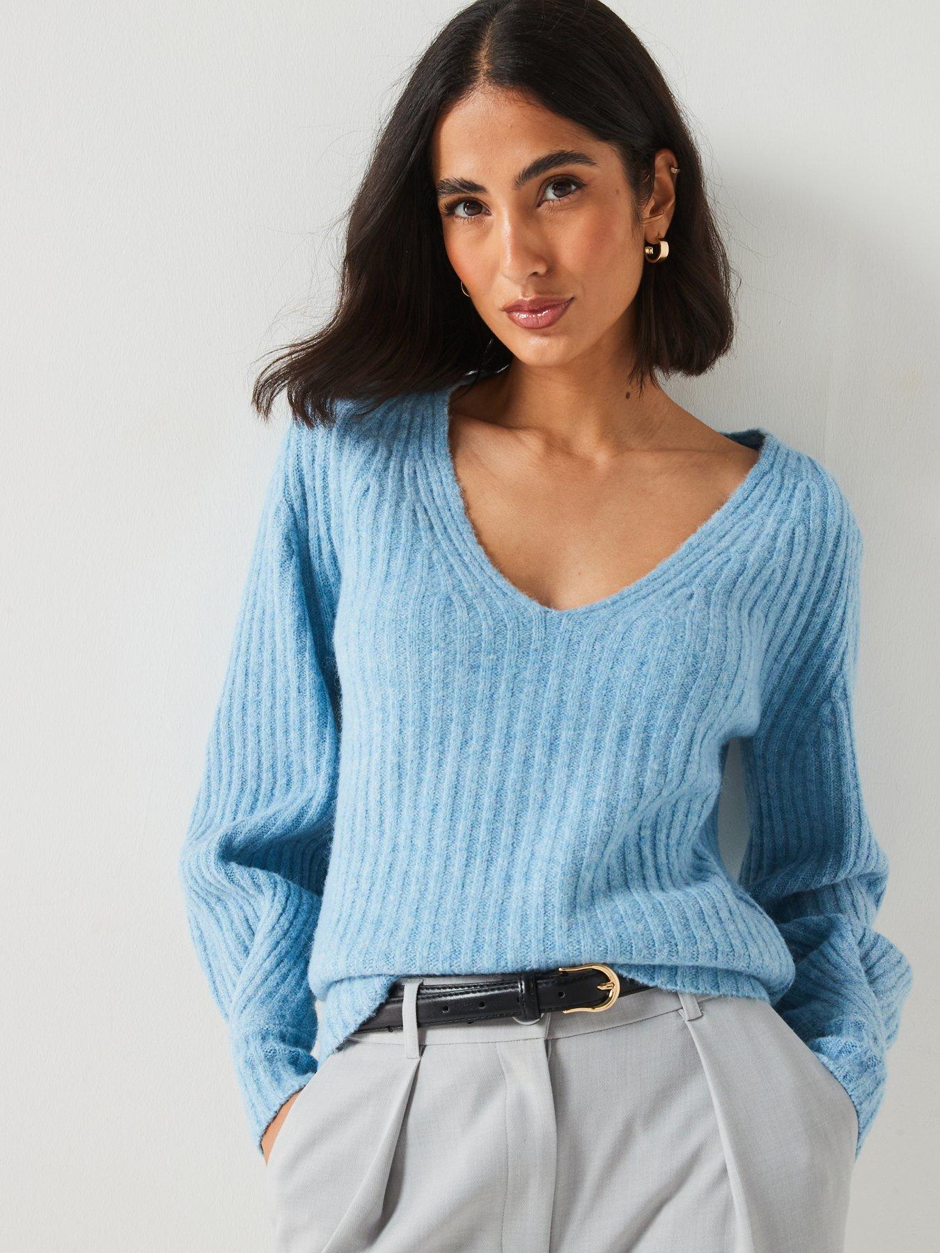 V by Very V Neck Pleated Knitted Jumper Light Blue Very