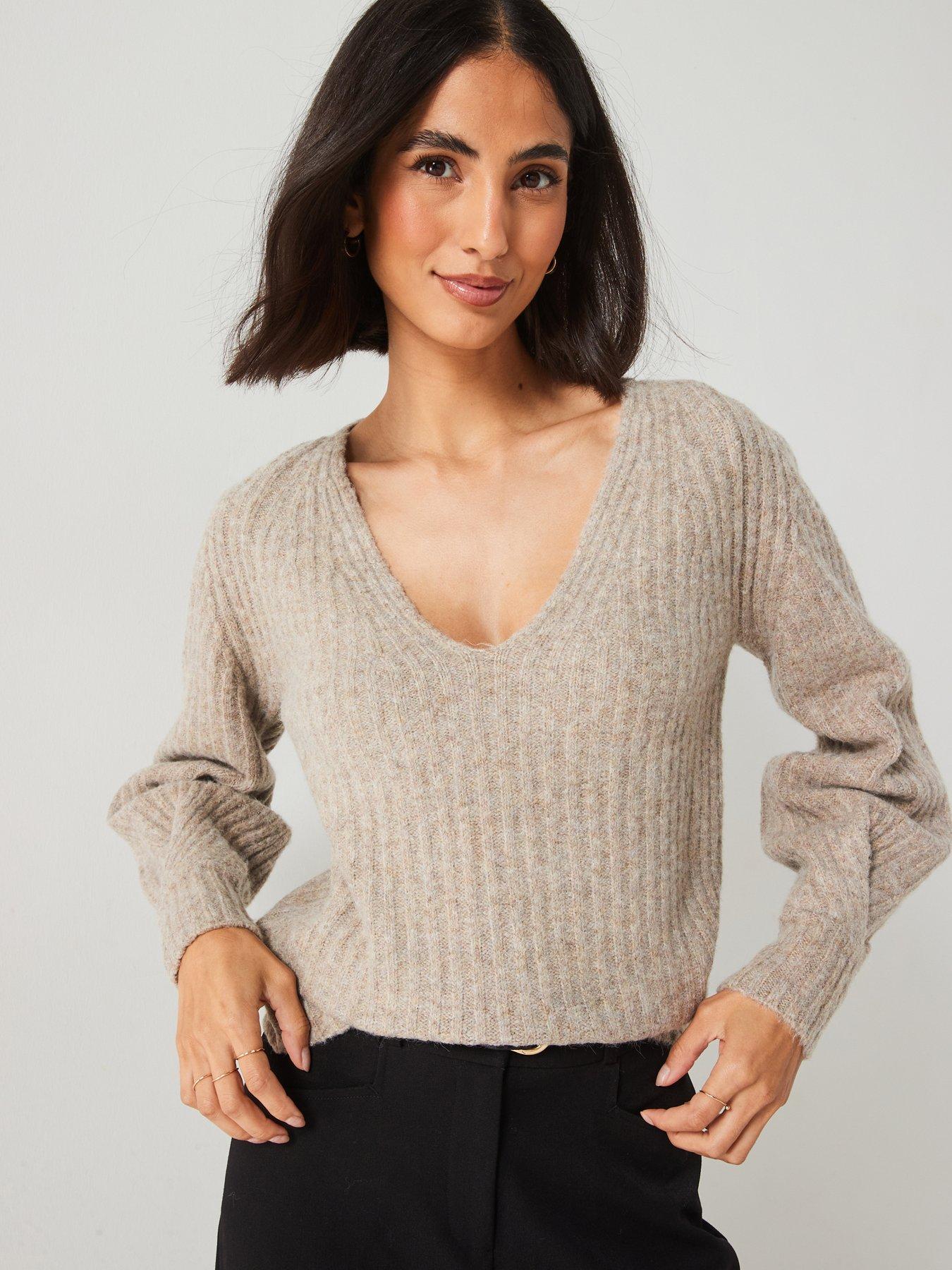 undefined V Neck Pleated Knitted Jumper - Brown