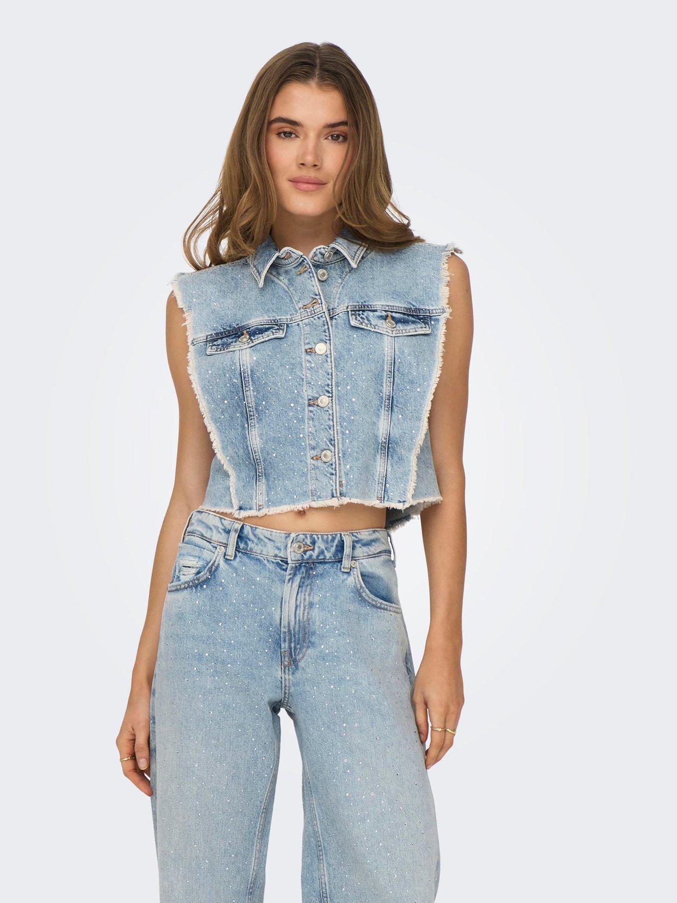 undefined Sleeveless Rhinestone Denim Top - Light Blue