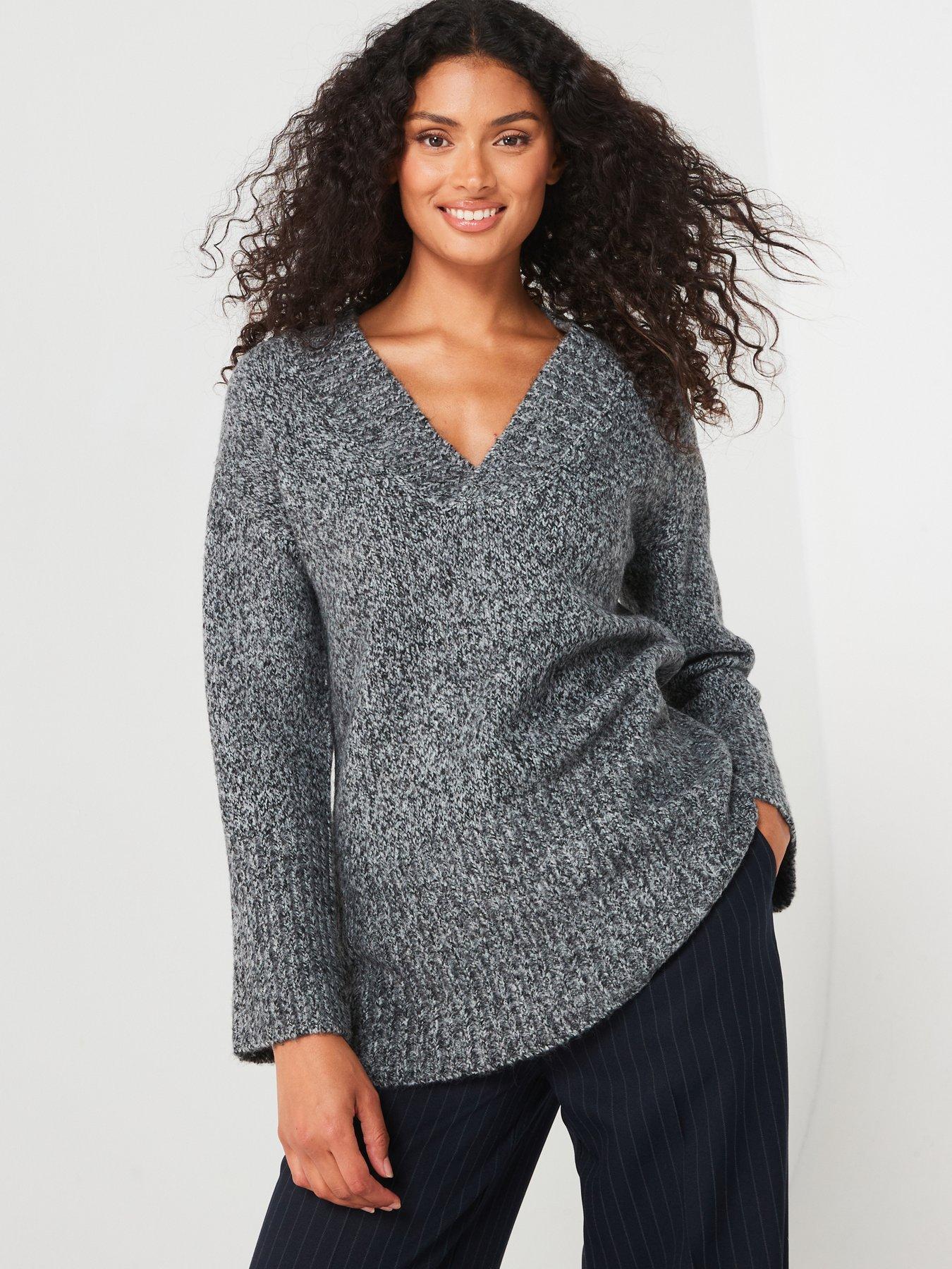 undefined V Neck Rib Detail Jumper - Grey