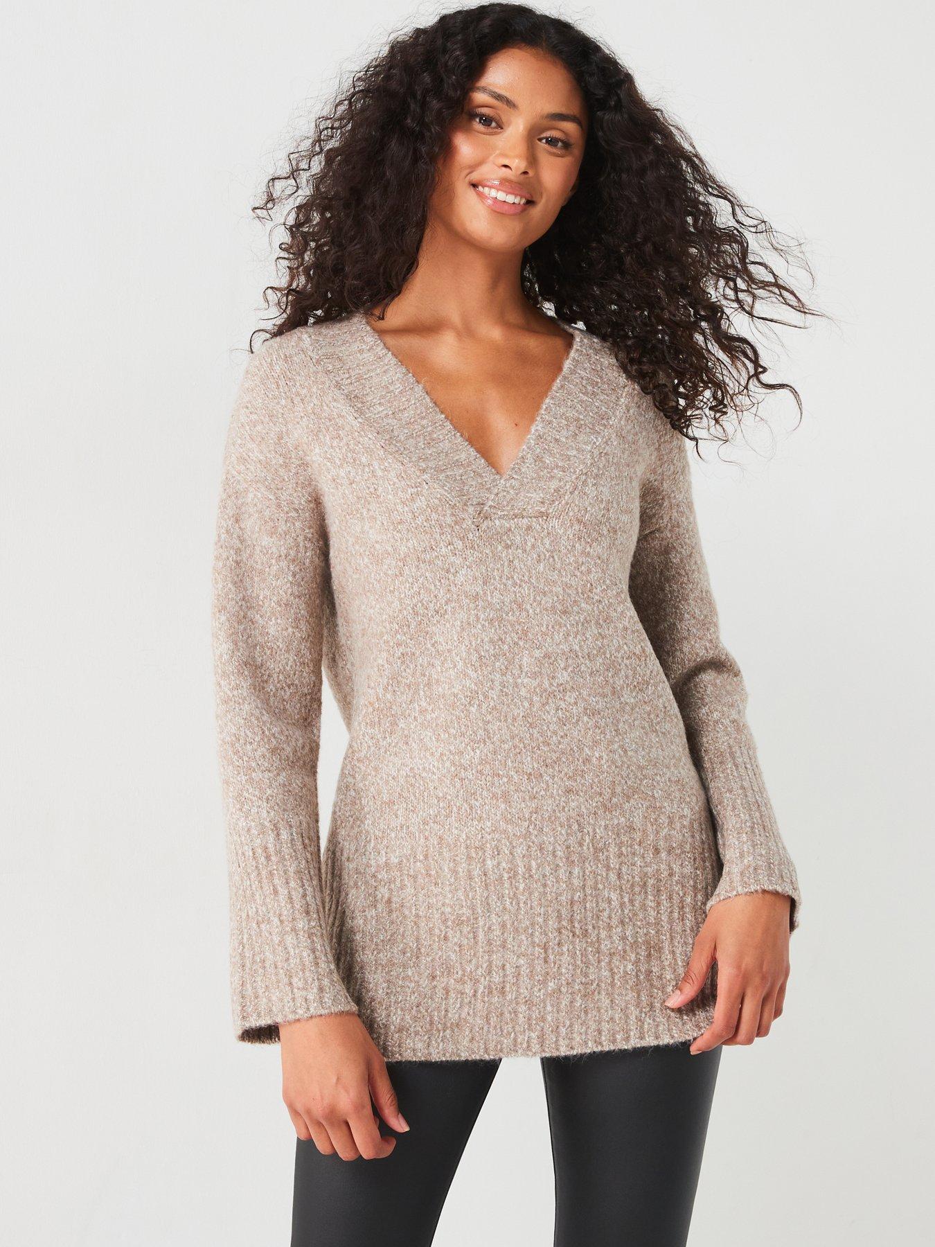 undefined V Neck Rib Detail Jumper - Dark Natural