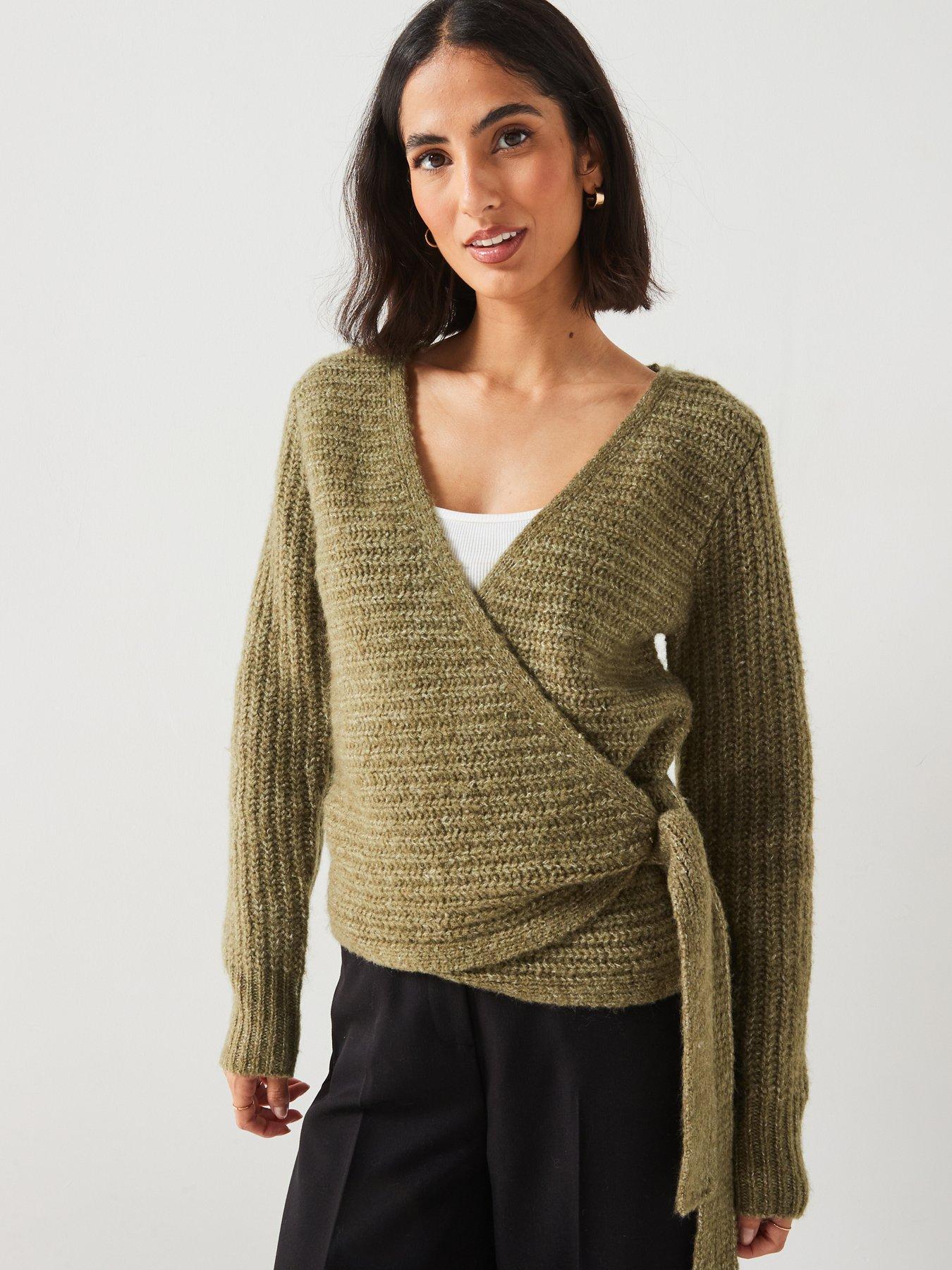 undefined Knitted Wrap Textured Cardigan - Khaki