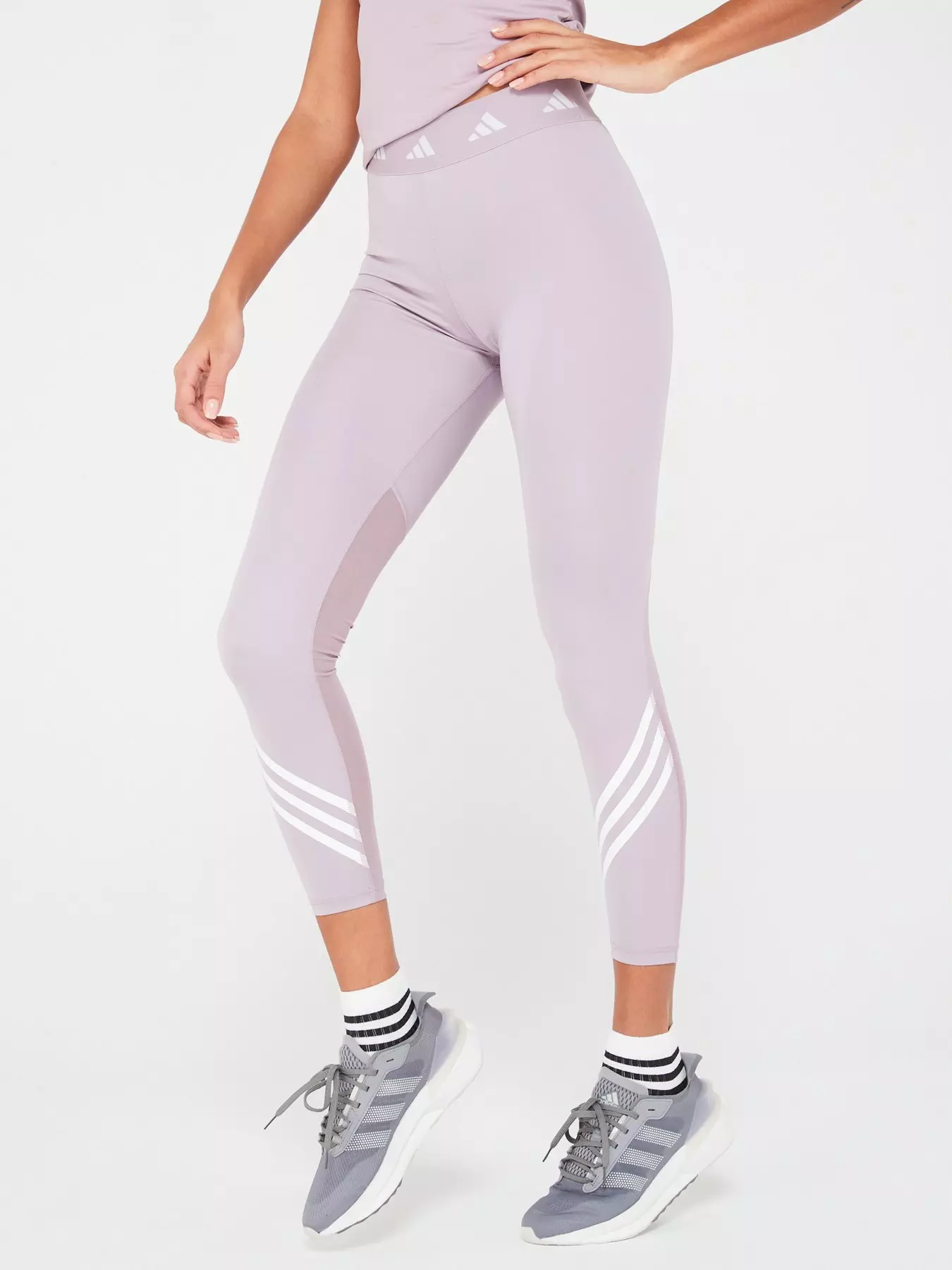 adidas Training Techfit colour block high waisted leggings in purple with  black/white side stripes