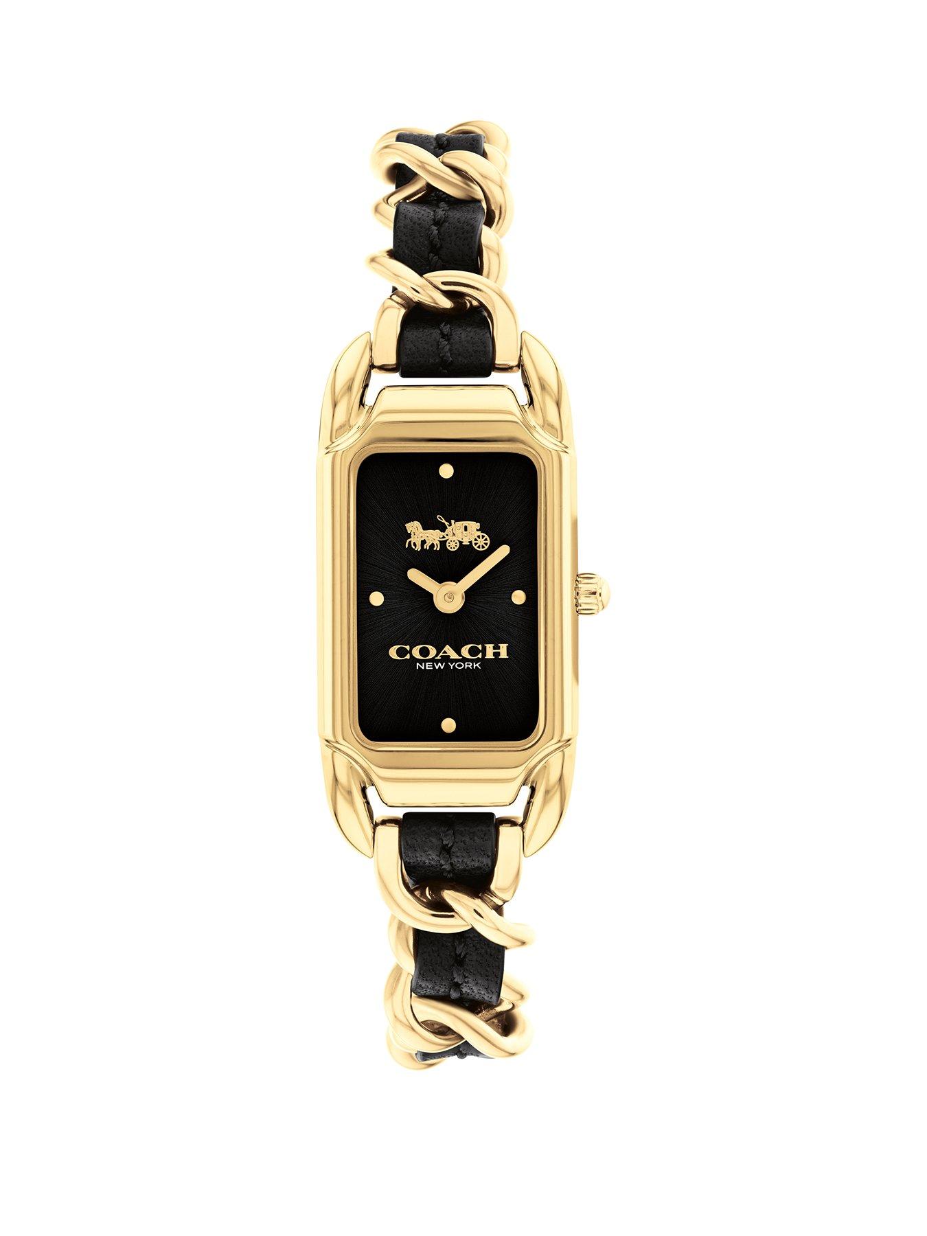Product photograph of Coach Ladies Cady Gold Ip Amp Black Leather Bracelet Watch from very.co.uk