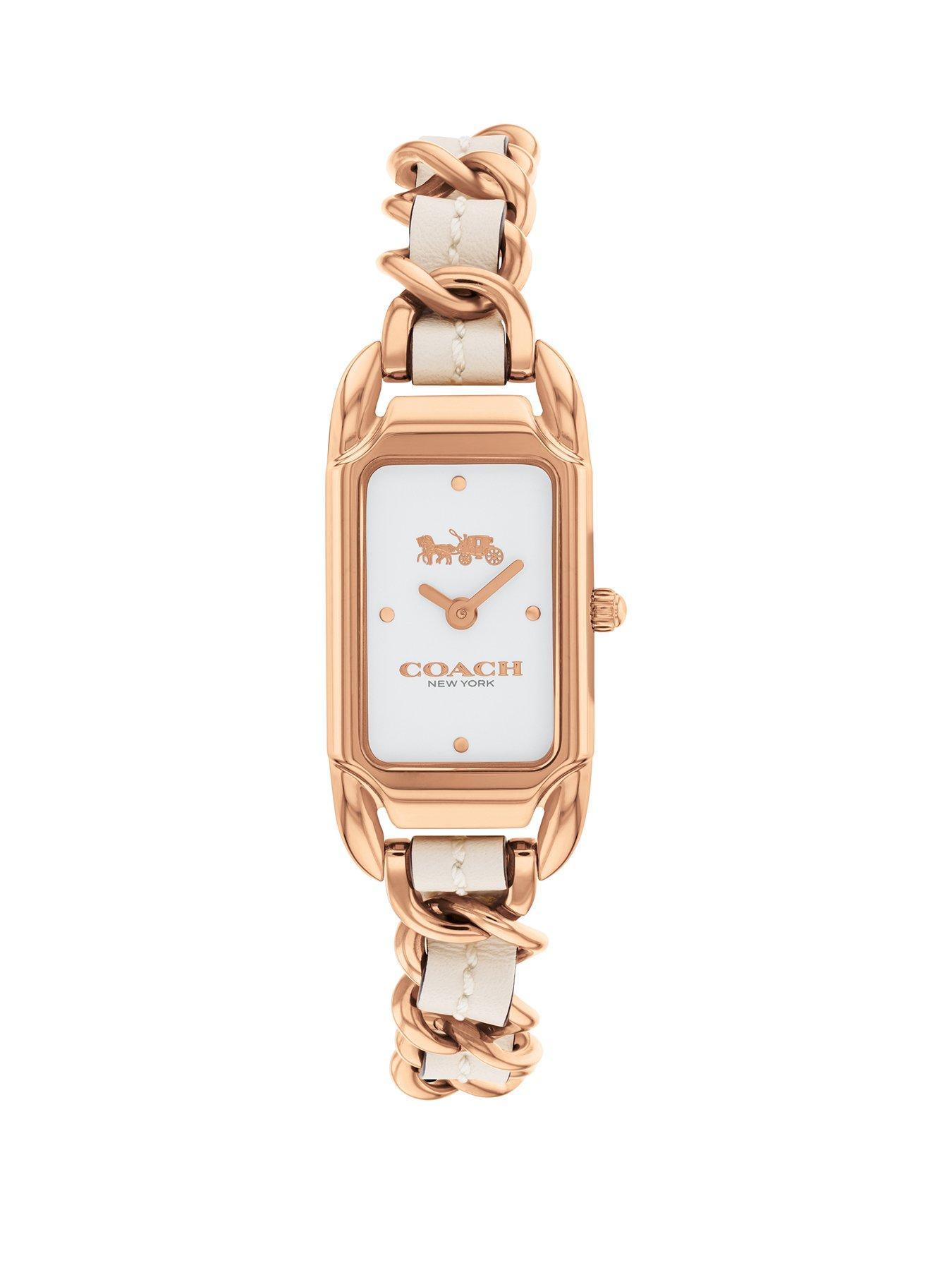 Product photograph of Coach Ladies Cady Rose Gold Ip Amp Chalk Leather Bracelet Watch from very.co.uk