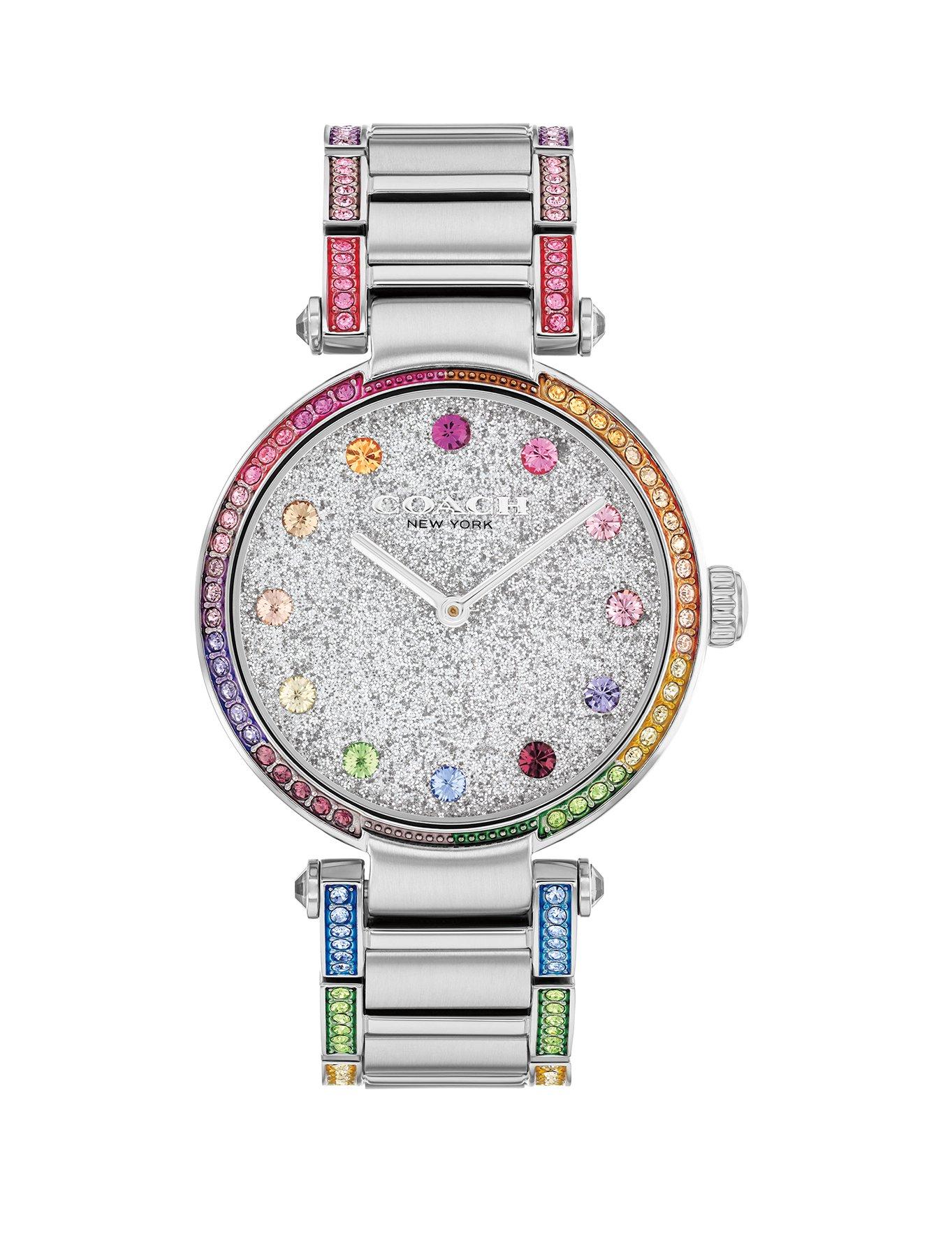 Product photograph of Coach Ladies Cary Stainless Steel Rainbow Crystal Watch from very.co.uk