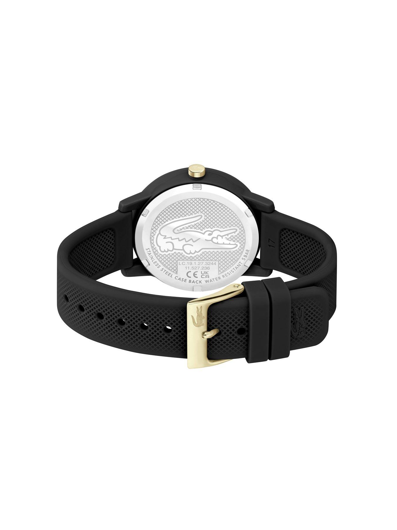 Lacoste Women s 36mm 12.12 black dial watch on a black silicone strap Very