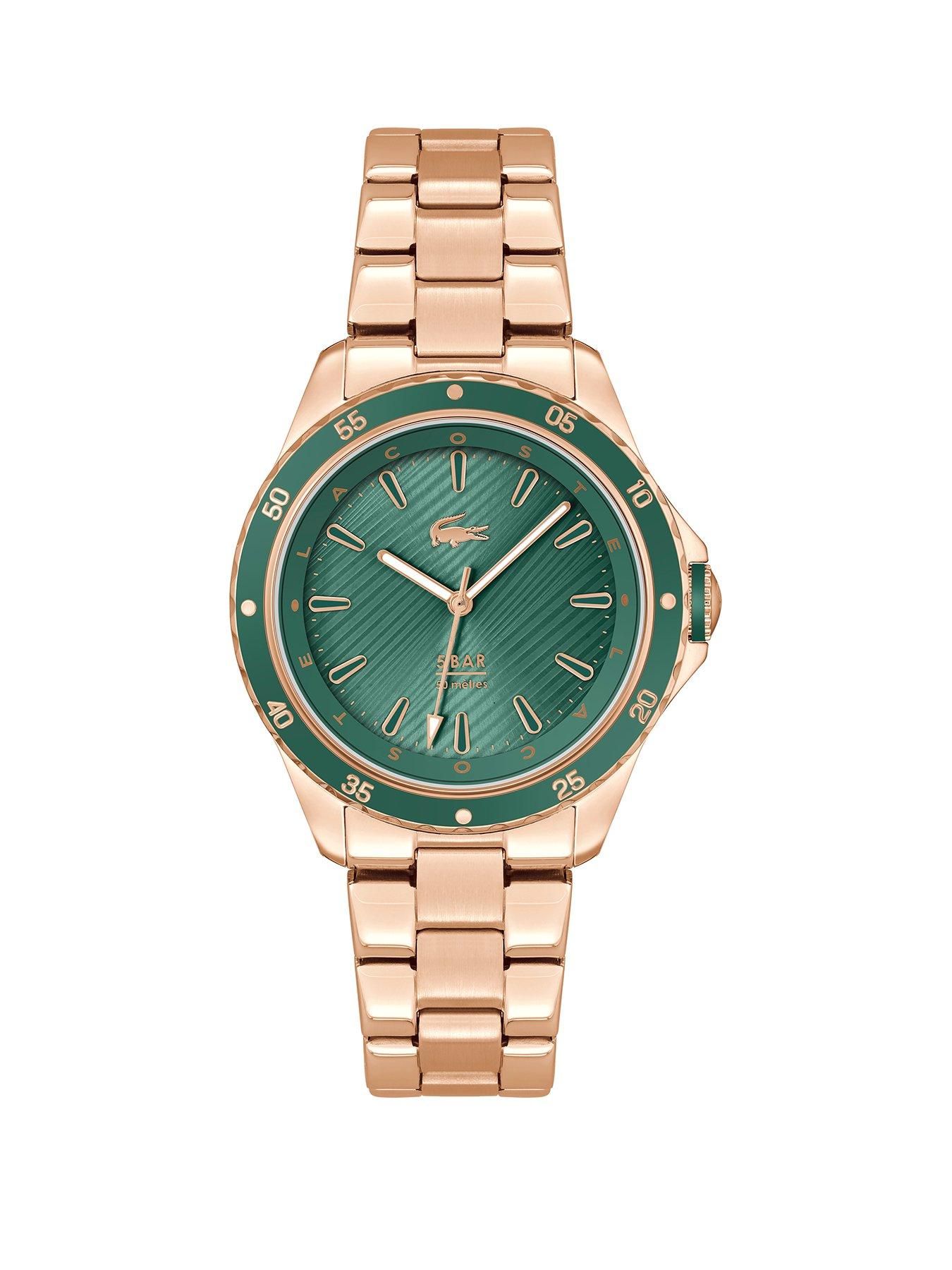 lacoste women's 36mm santorini green dial watch on a rose gold ip bracelet