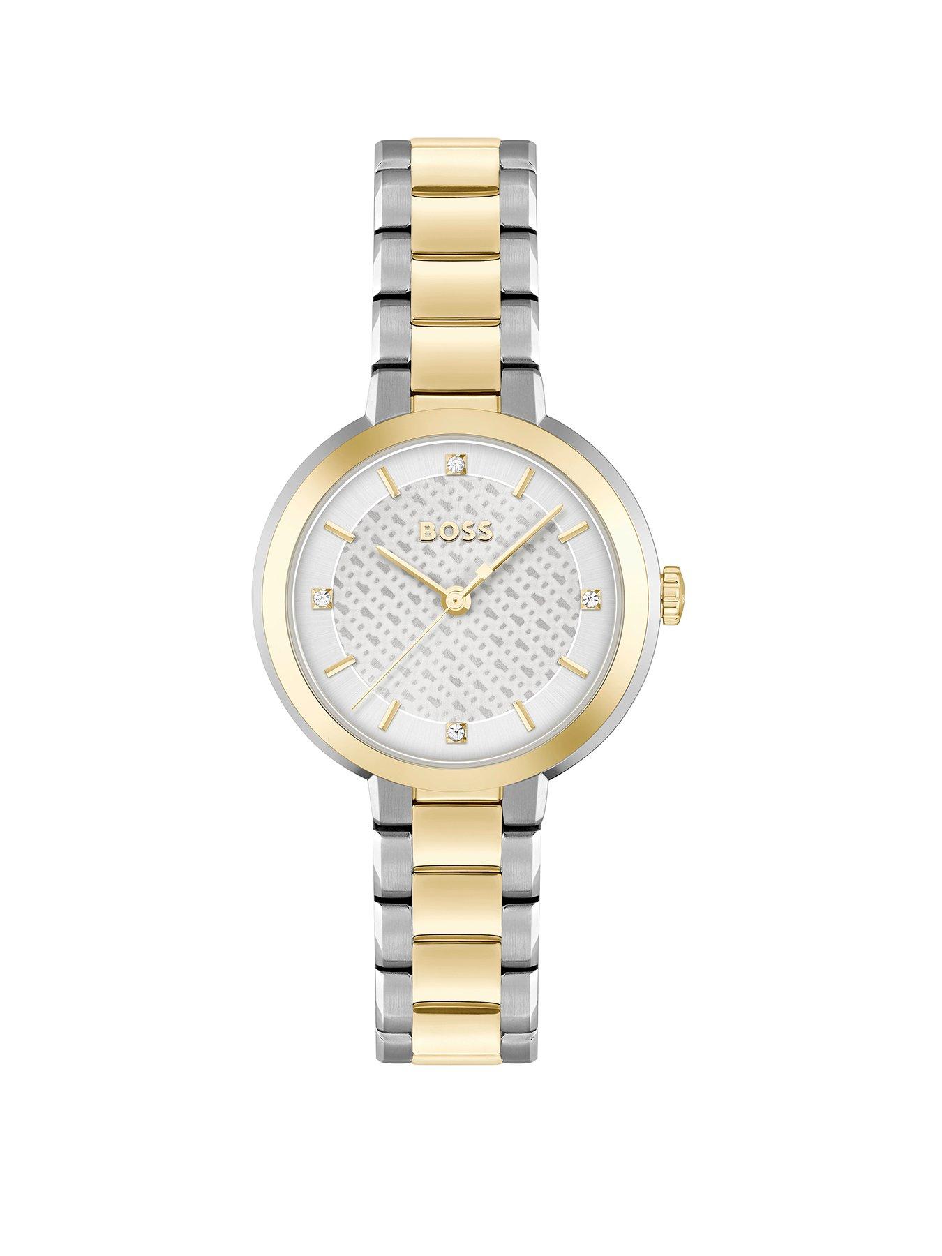 Product photograph of Boss Ladies Boss Sena Stainless Steel And Light Yellow Gold Ip Bracelet Watch from very.co.uk
