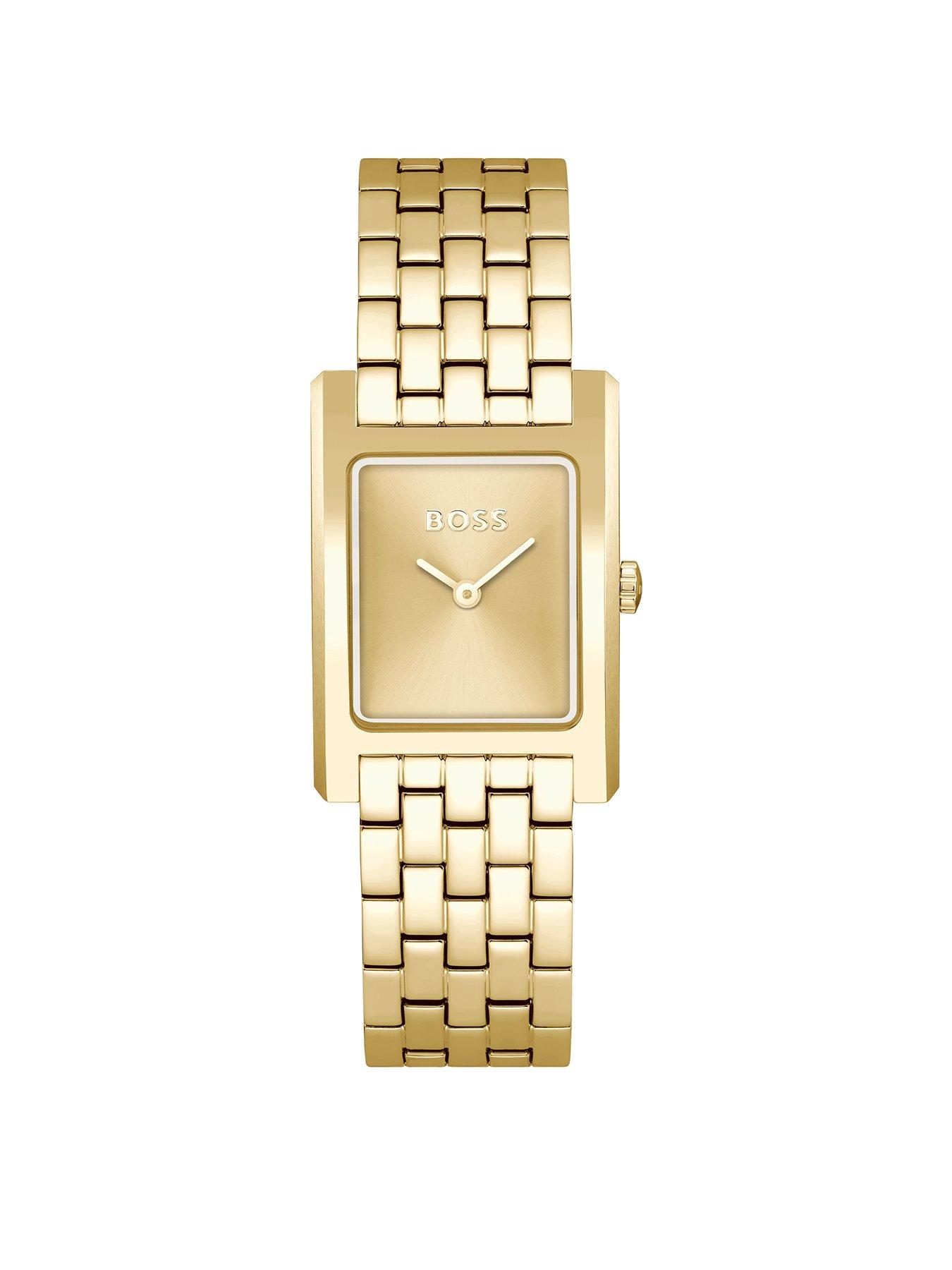 Product photograph of Boss Ladies Lucy Light Gold Ip Tank Watch from very.co.uk