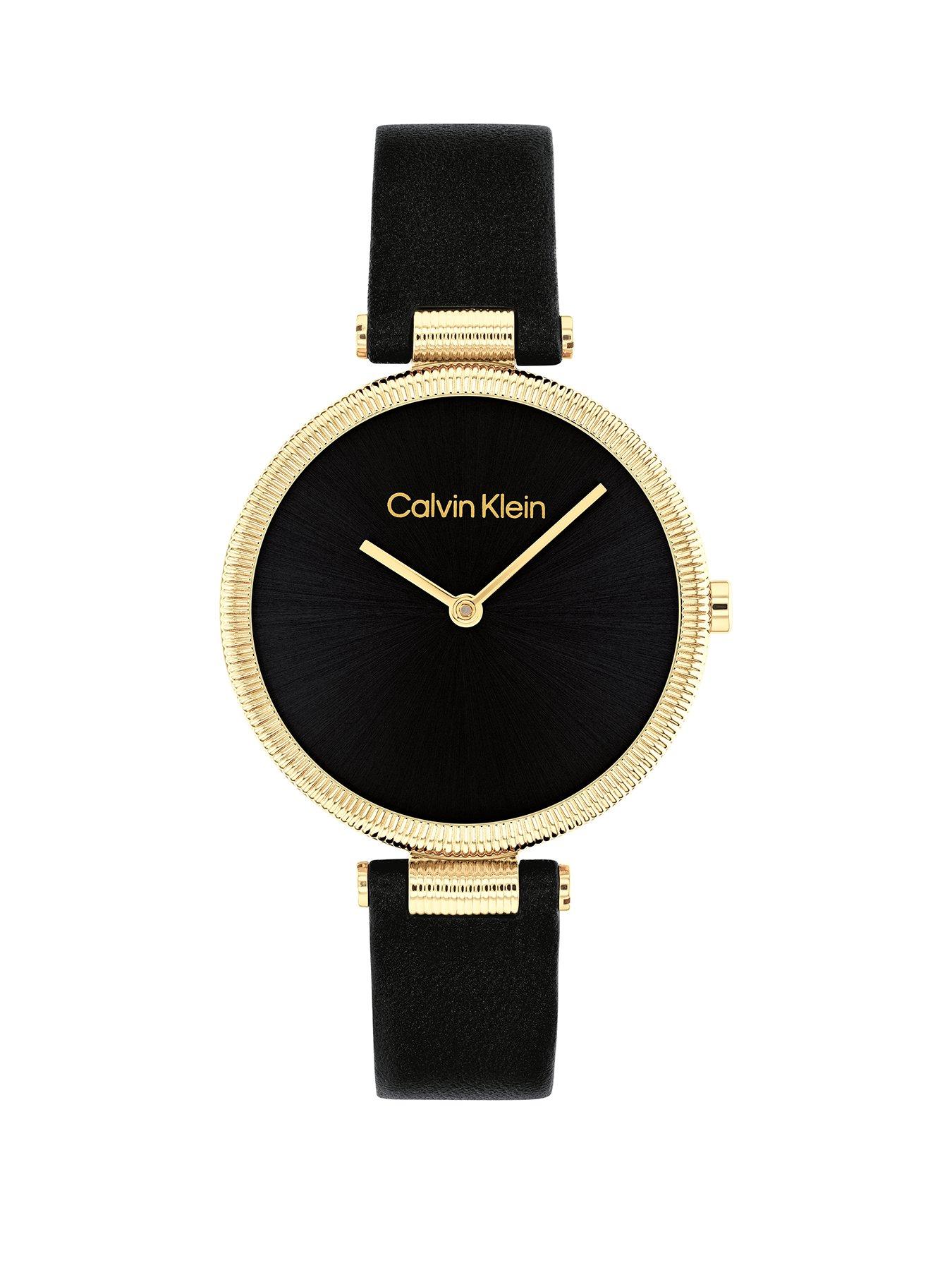 Product photograph of Calvin Klein Women S Calvin Klein Black Leather Strap Watch from very.co.uk