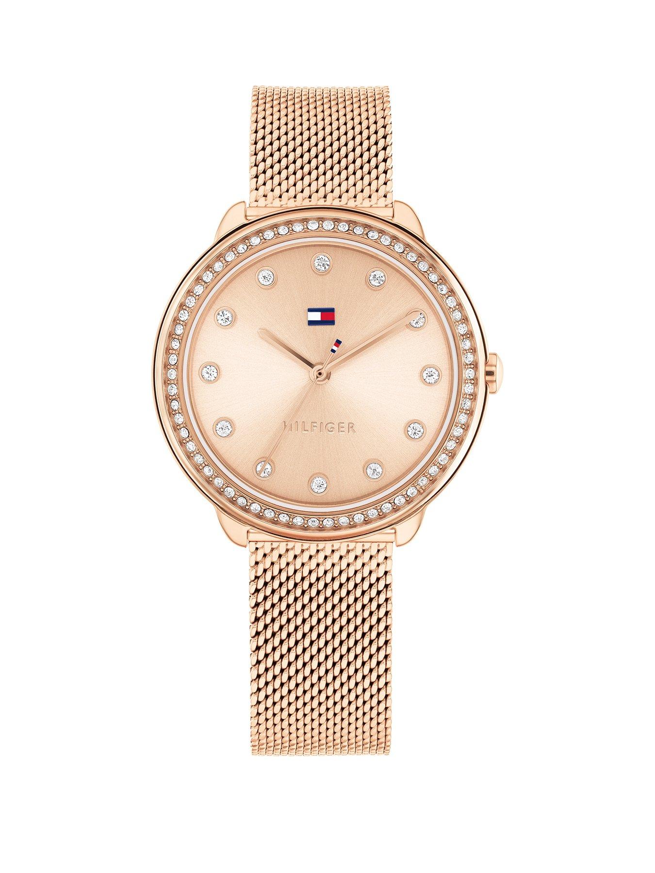 Product photograph of Tommy Hilfiger Women S Rose Gold Plated Mesh Watch With A Crystal Bezel from very.co.uk
