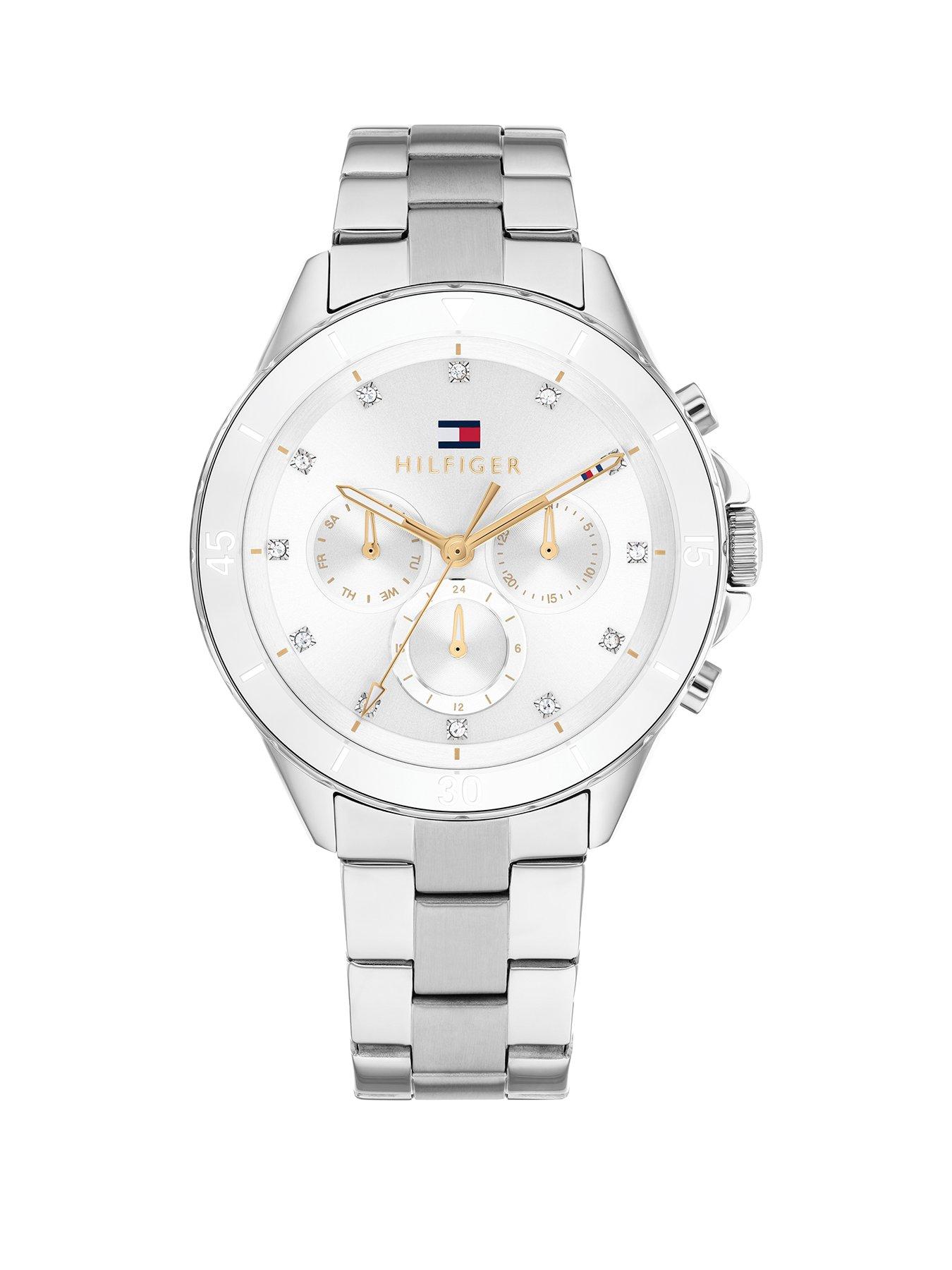 Product photograph of Tommy Hilfiger Women S Stainless Steel Watch With A White Ceramic Bezel from very.co.uk