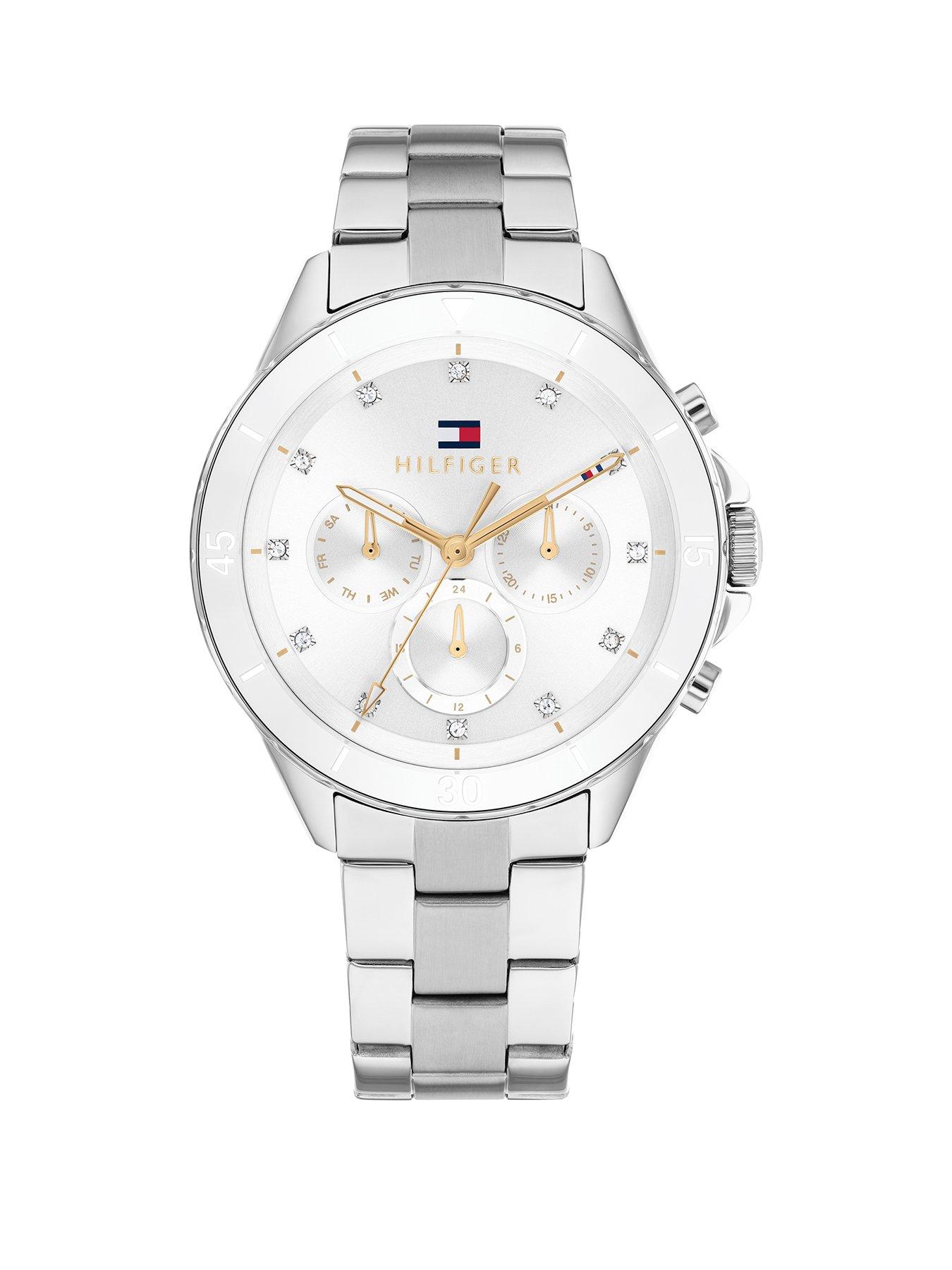 undefined women's stainless steel watch with a white ceramic bezel